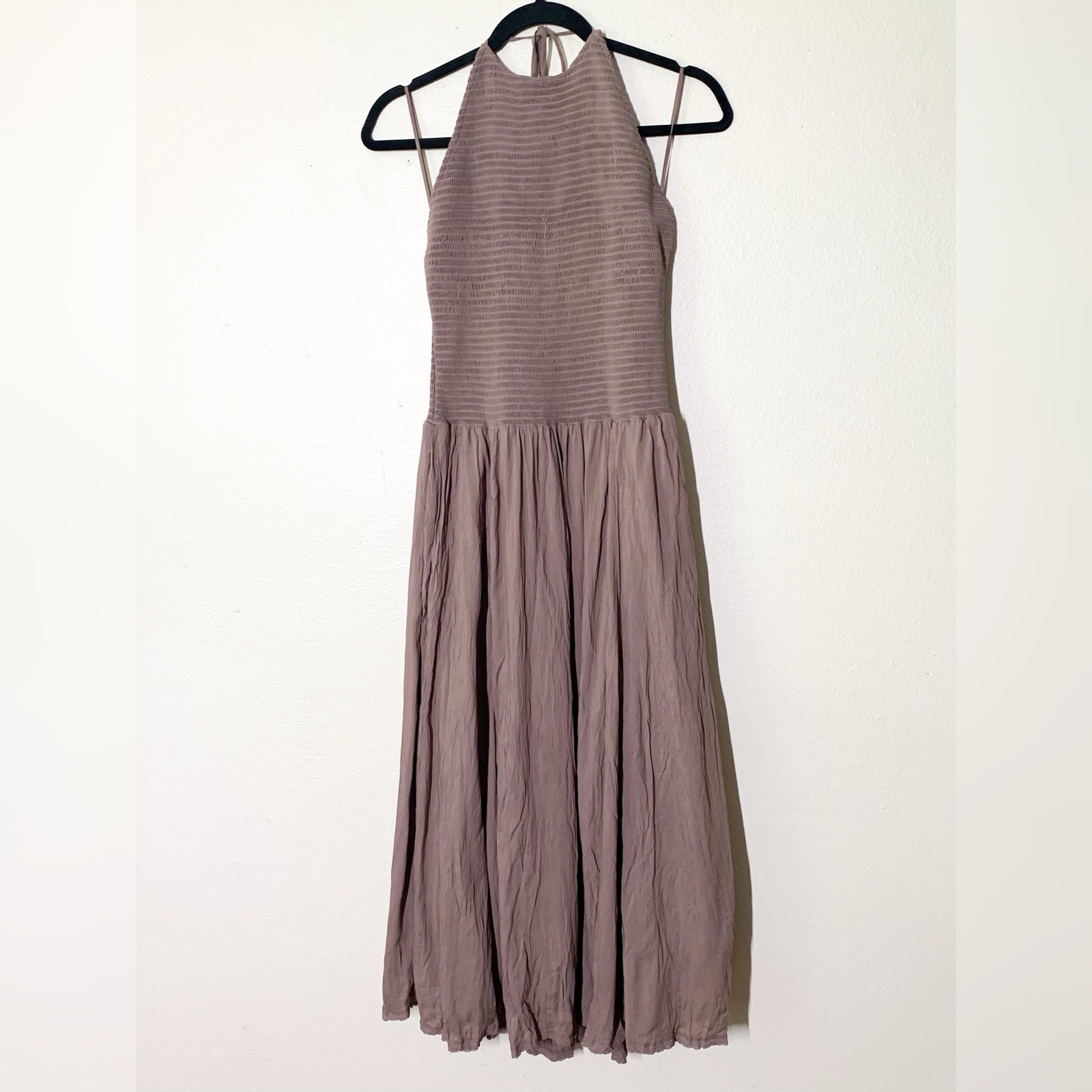 Little Moon Aritzia Highsmith Dress S Smocked Halter Deep Taupe Midi Pockets