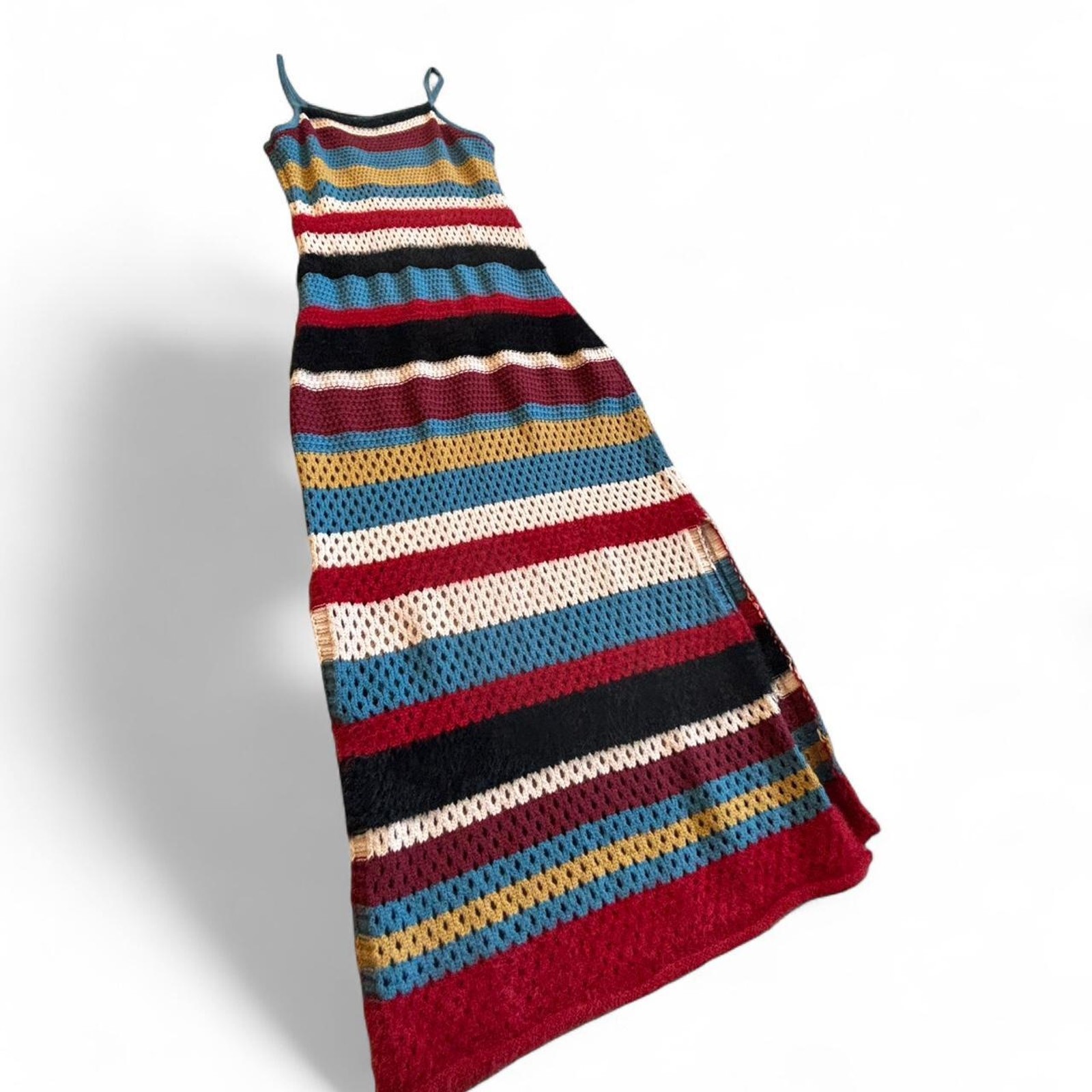 Striped Crochet Maxi Dress – Boho Fuzzy Knit M