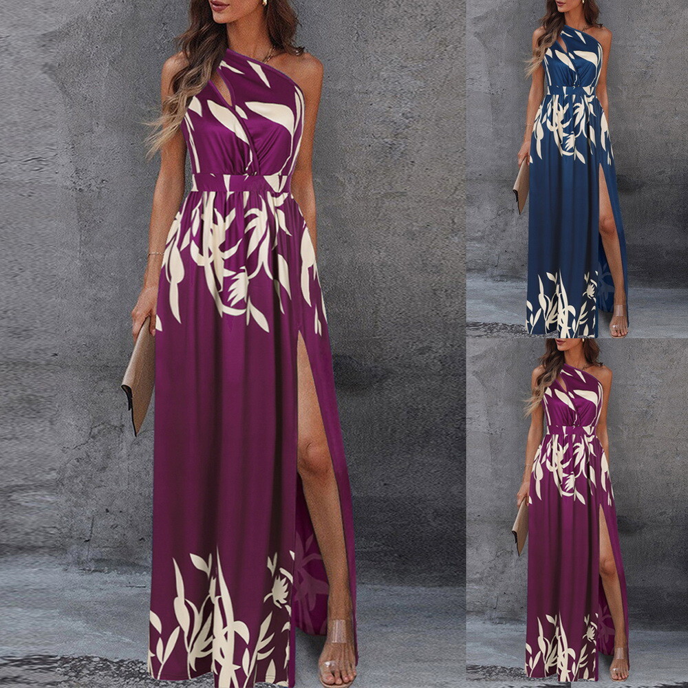 Womens Print One Shoulder High Split Maxi Dress Ladies Party Cocktail Long Dress