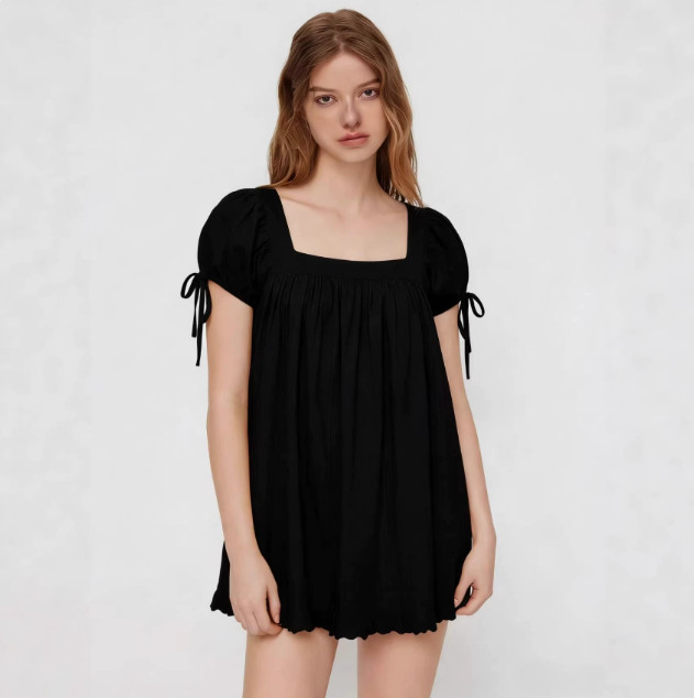 Ladies Summer Casual Square Neck Shirt Short Sleeve Tie Knot Ruffle Blouse Dress