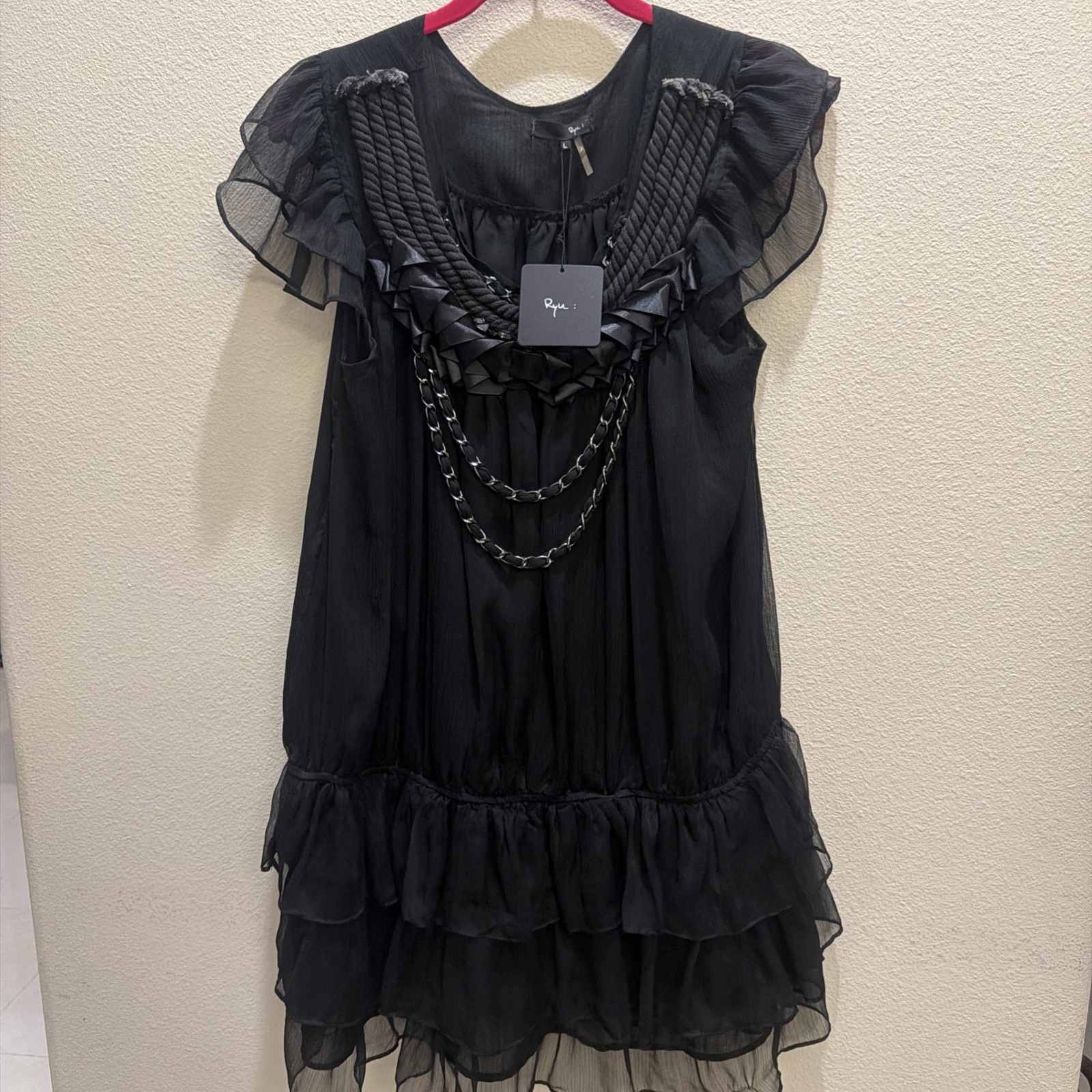 Ryu Black Romantic Chiffon Tunic Top Rope Trim Chain Ruffle Boho Glam Y2K Size L