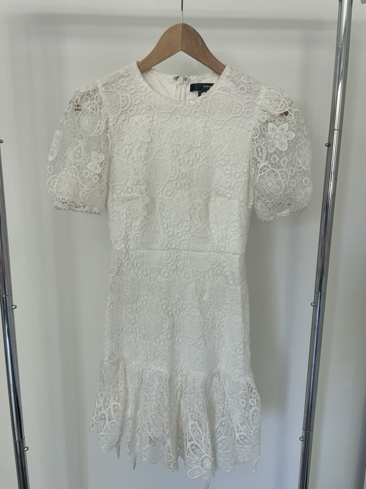Aqua Women White Lace Cocktail Dress Puffy Balloon Sleeves Size XS