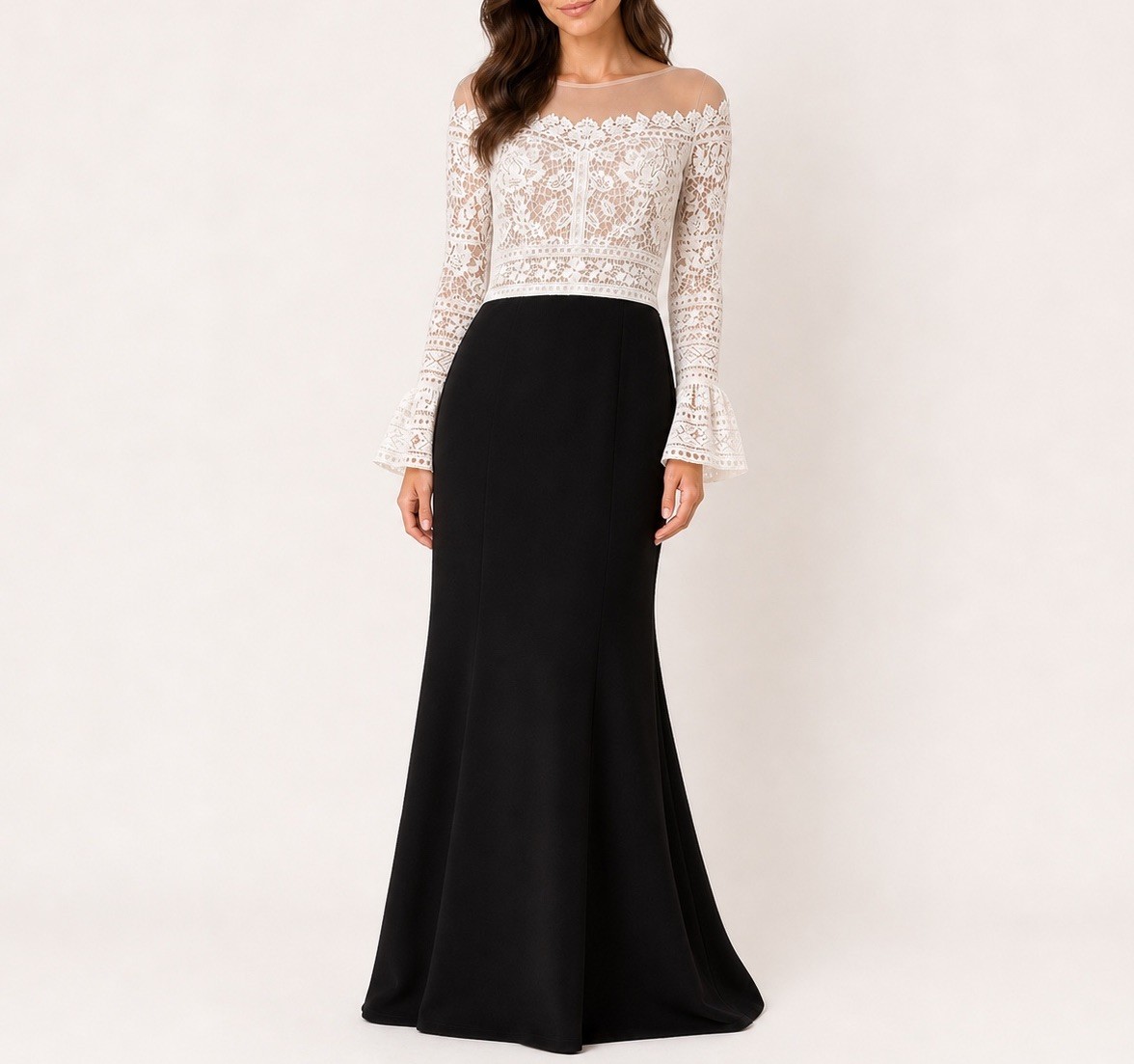 NWT Tadashi Shoji White Black Maxi Dress Idalia Crochet Bodice Gown Train Sz 16