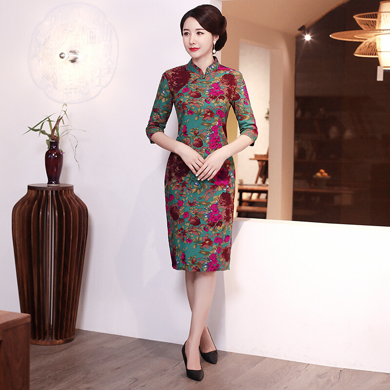Chinese Traditional Midi Cheongsam Women Linen Dress Ball Gown Size S to 3XL