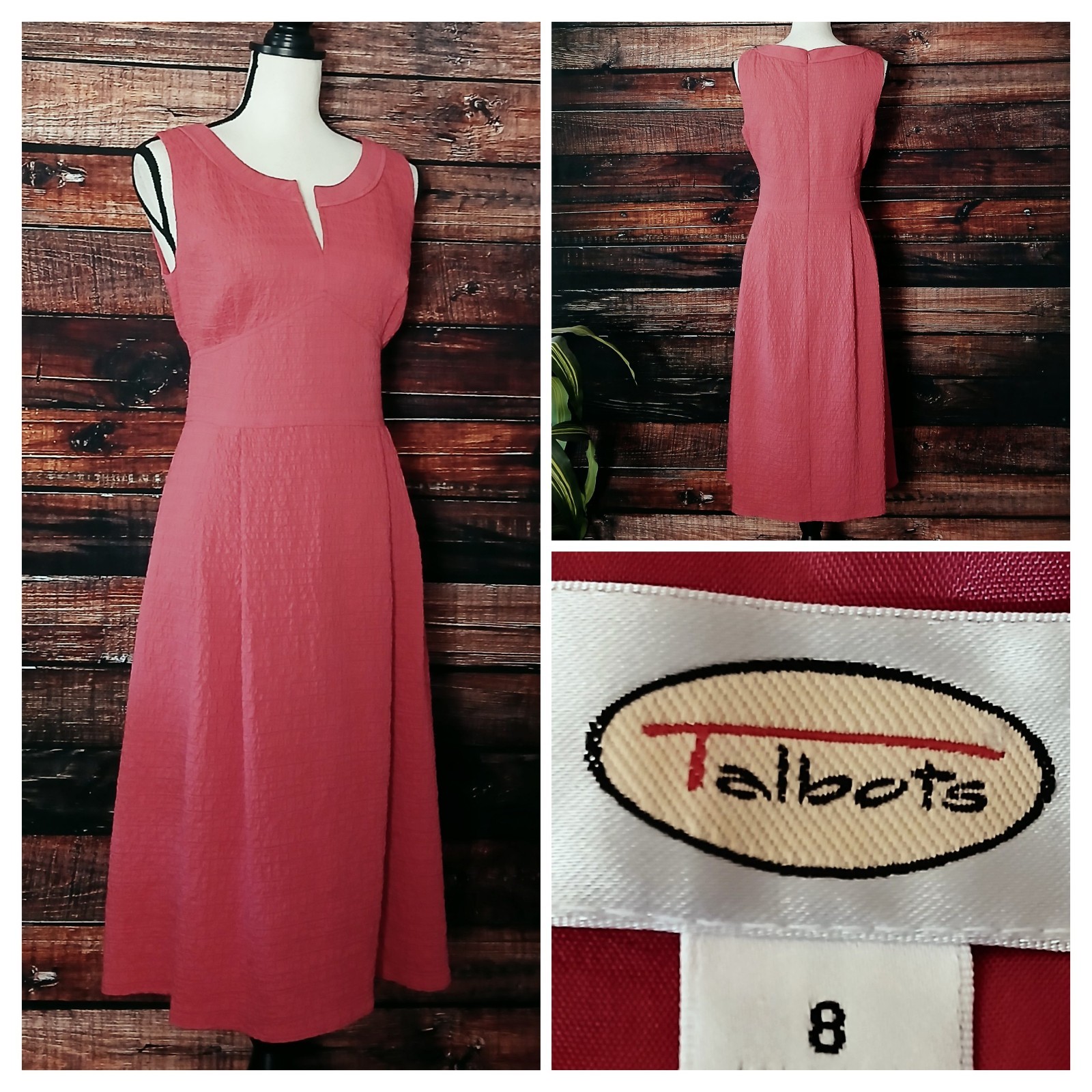 Talbots Dress 8 Salmon Pink Textured Split Neck Pleated Retro Fit & Flare Zip