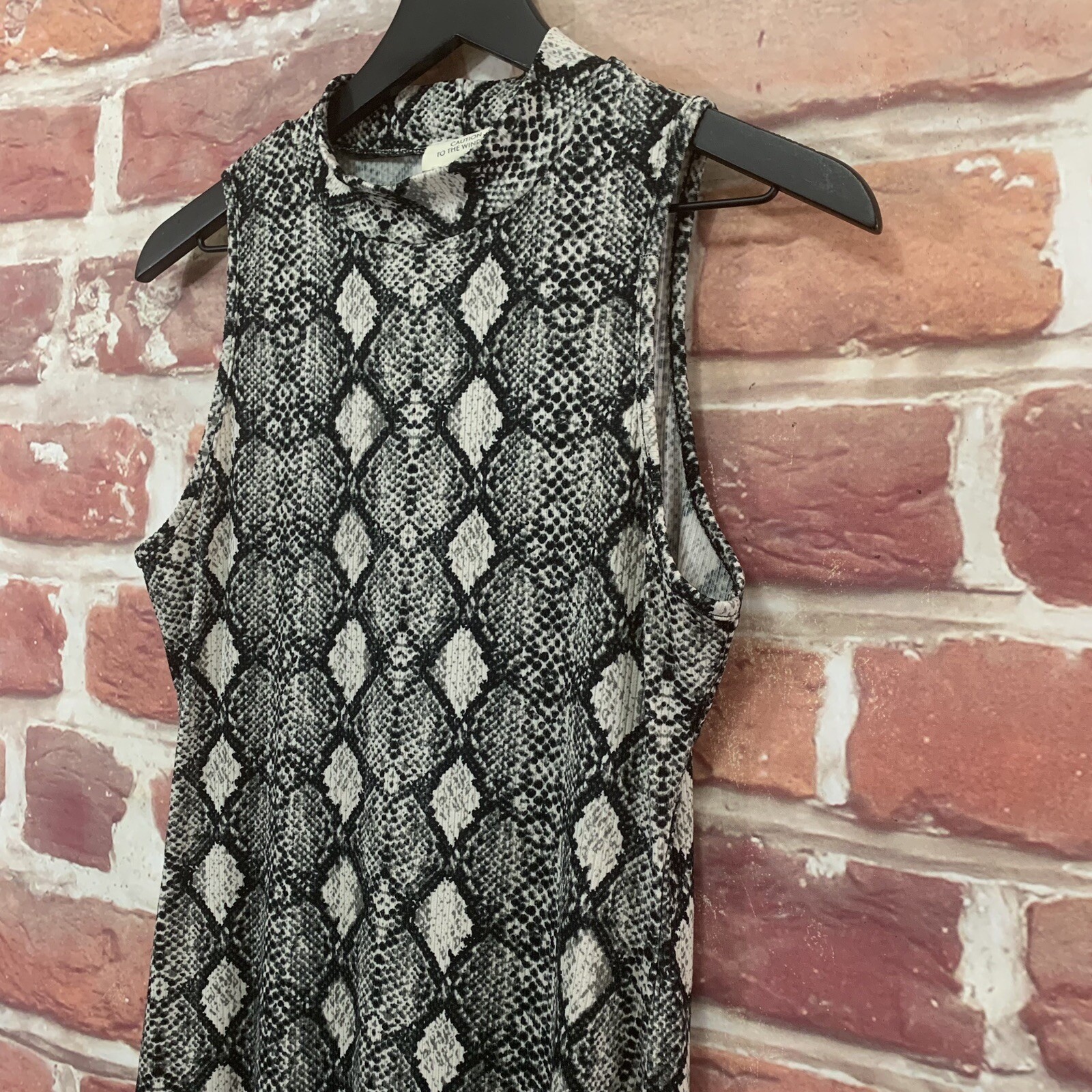 Caution To The Wind Dress Womens Medium Black Cream Snakeskin Casual Mock Neck