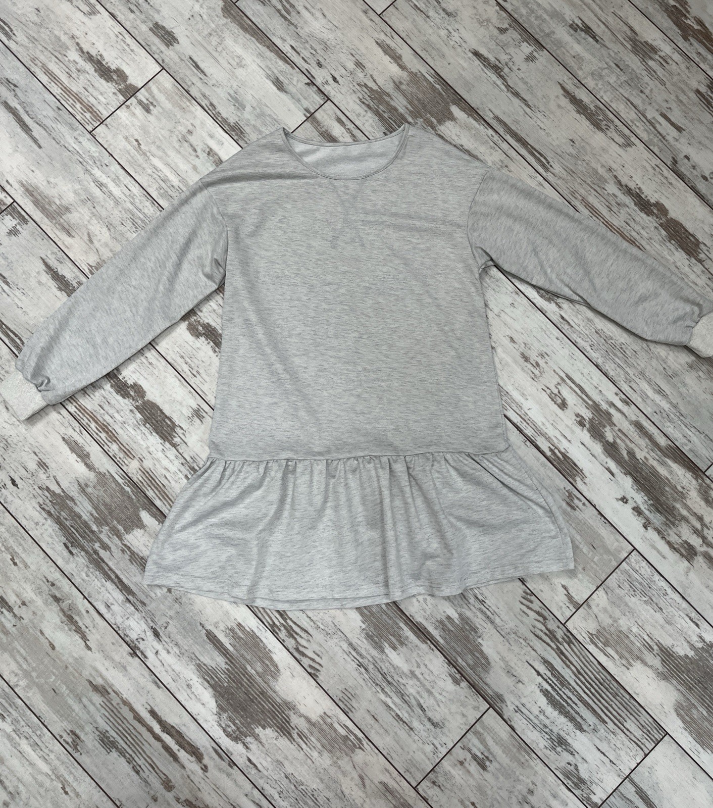 Gray Sweatshirt Dress Crewneck Ruffle Peplum Hem Long Sleeve Womens Medium NWOT