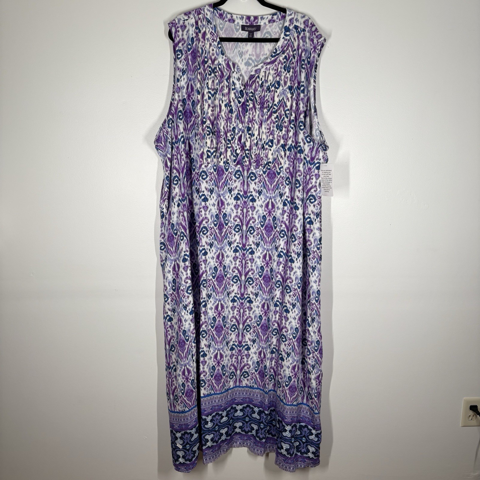 Roaman’s Women 4X 34/36 Ikat Print Boho Sleeveless Pintuck Maxi Dress NWT