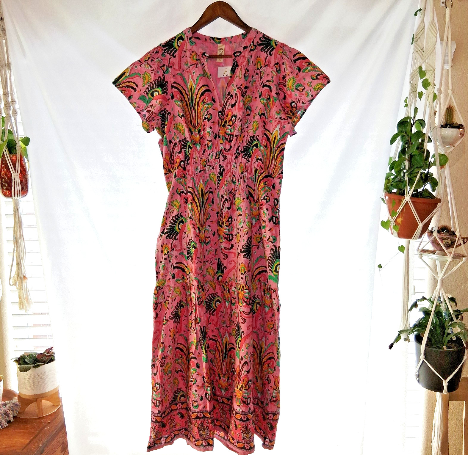 Uncle Frank Tropical Borders Pink Floral Midi Dress Womens L 100% Cotton