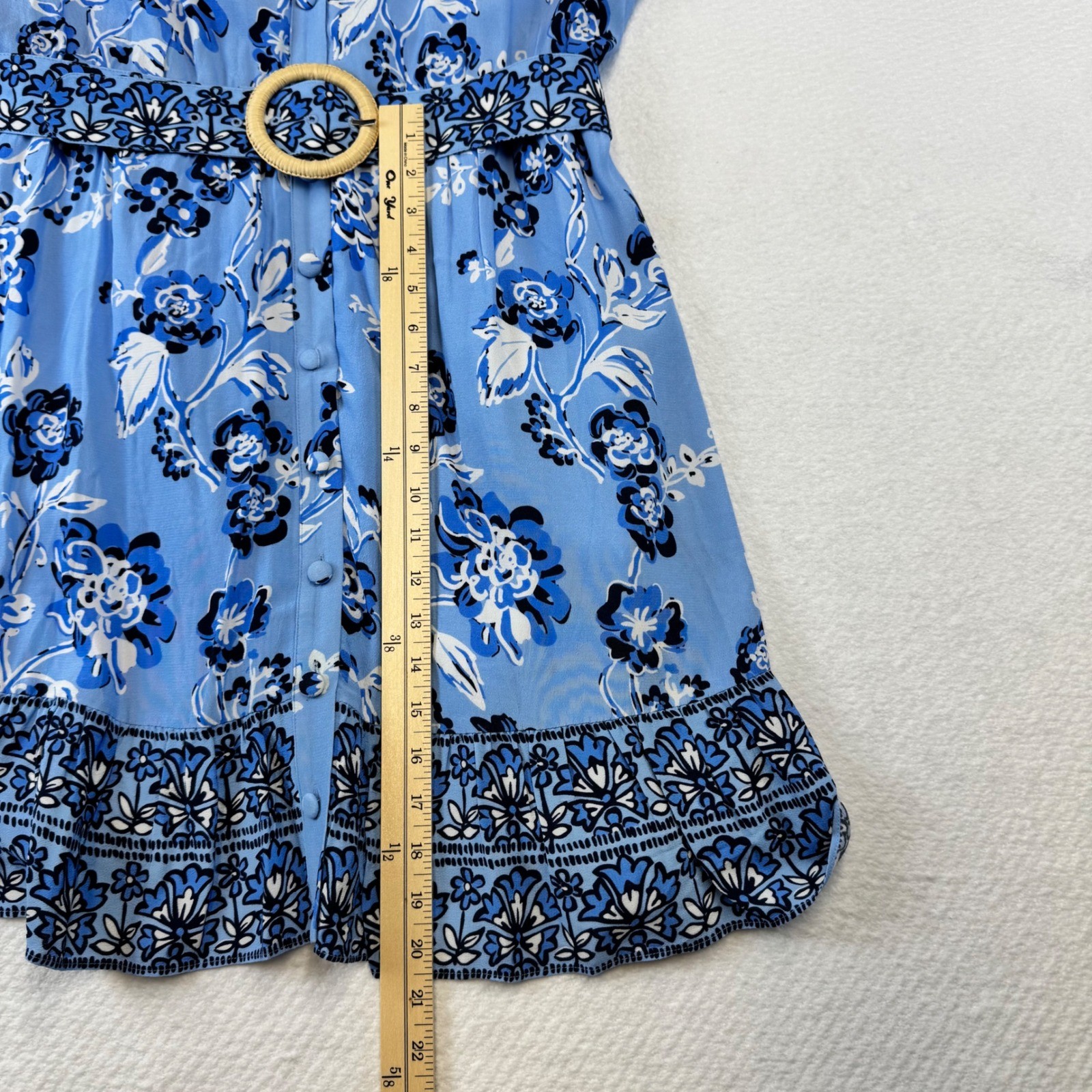 STS Blue Floral Midi Dress Button Front Flutter Sleeve Wood Buckle Belt XL