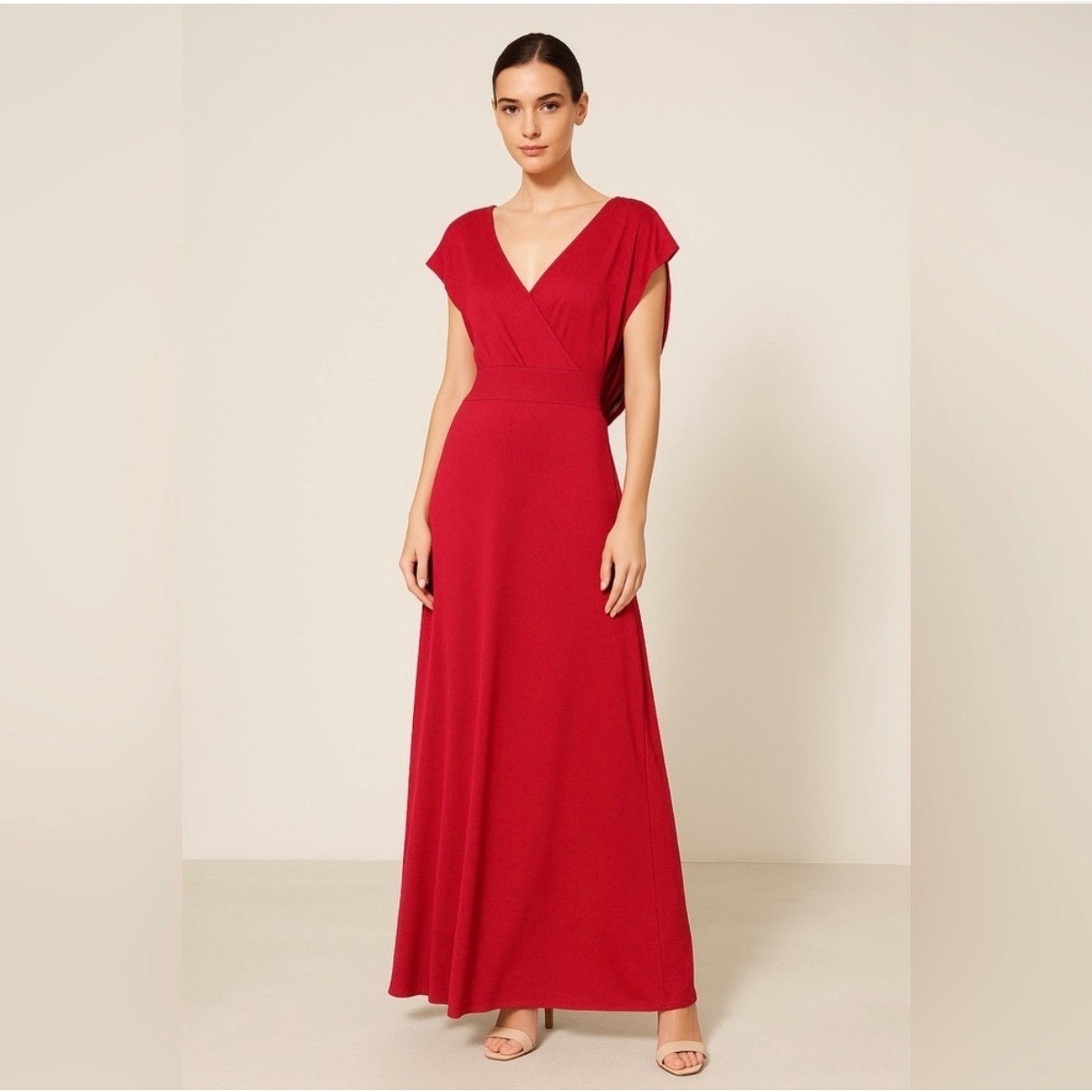 by Paris Valtadoros Red Draped Open Back Maxi Dress Formal Wedding Guest M