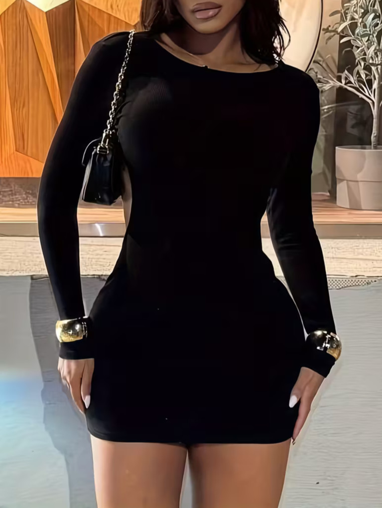 NEW Small Sexy Backless Black Long Sleeve Round Neck Sleek Mini Dress Bodycon