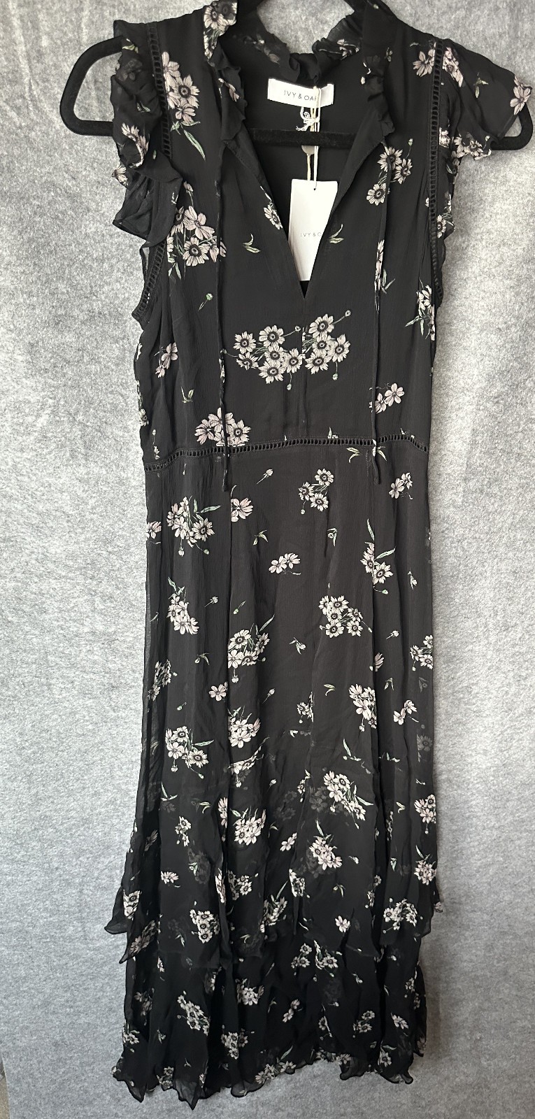 5RUE Black Floral Chiffon Midi Dress Ruffle Flutter Sleeve NWT Size Small