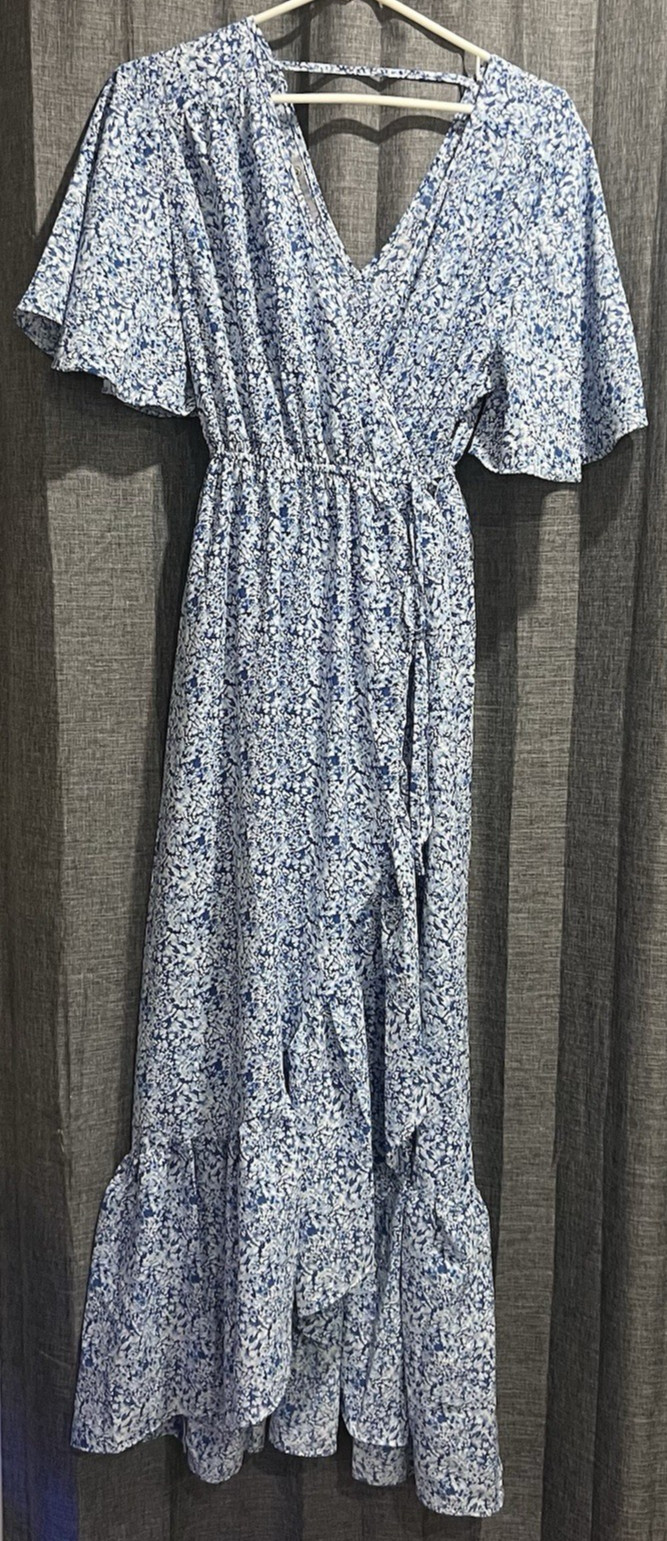 CY Fashion Blue Floral Long Wrap Dress Size S Loose fit Front and back V neck