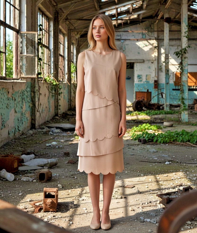 James Lakeland Shift dress in Beige Pale Rose scallop UK 14 Summer Wedding Guest
