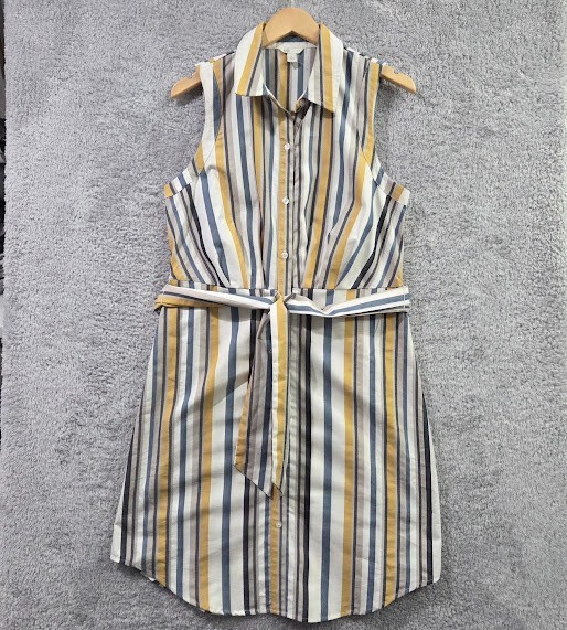 Cato Large Shirt Dress Striped Sleeveless Button Front Belted Yellow Blue White