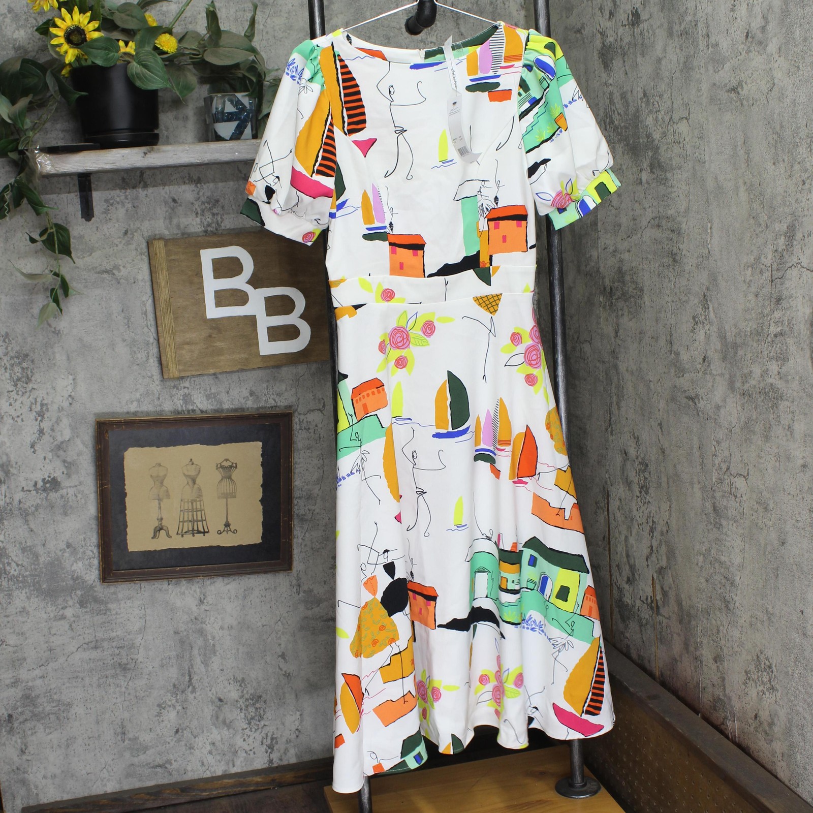 ny Collection Short Sleeve Midi Length Jacquard Dress Country Painting White S