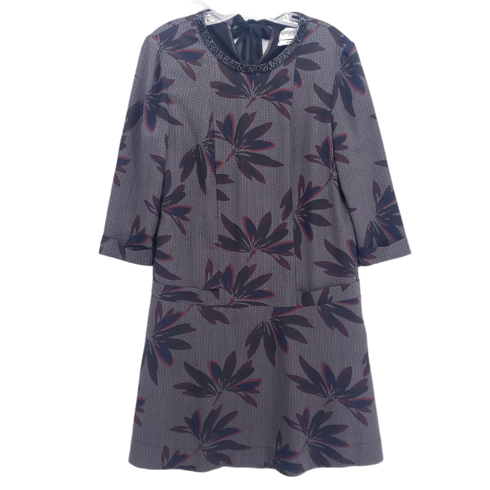 Essentiel Antwerp Gray Floral Dress Beaded Neckline CUTE!! Size EU 36 US 4