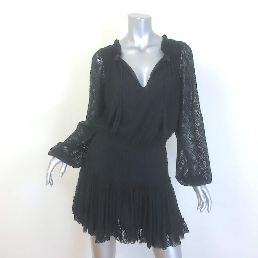 MISA Tassel-Tie Blouson Sleeve Lace Mini Dress Black Size Medium