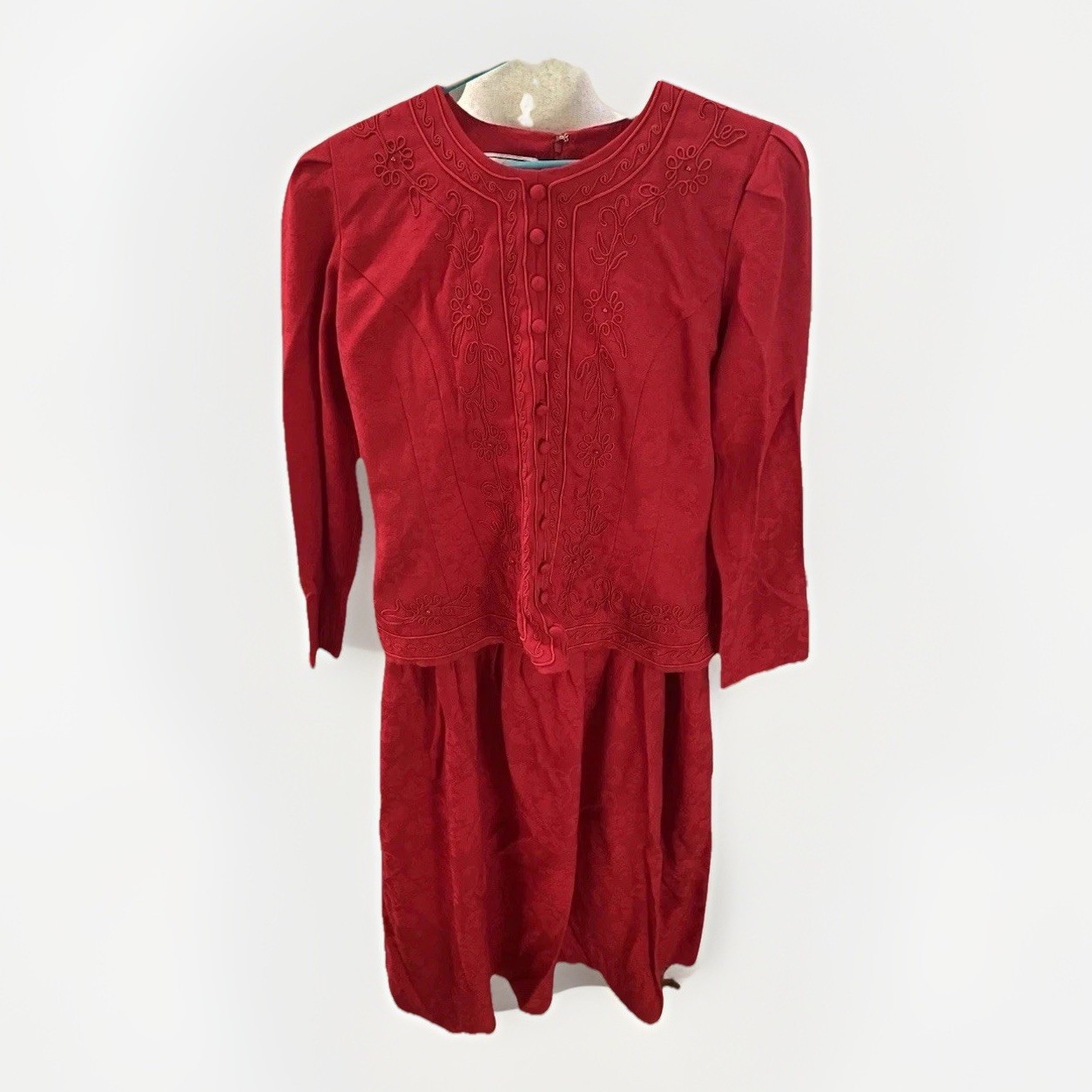 Vintage Karin Stevens Red Embroidered Floral Maxi Dress Size 12 Modest Country