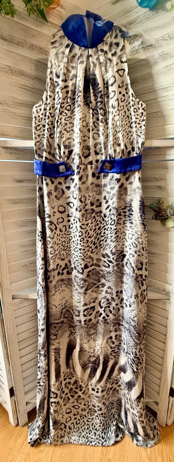 Gizia Silk Maxi Dress 38 Animal Print Blue Trim Keyhole Pleated NWT