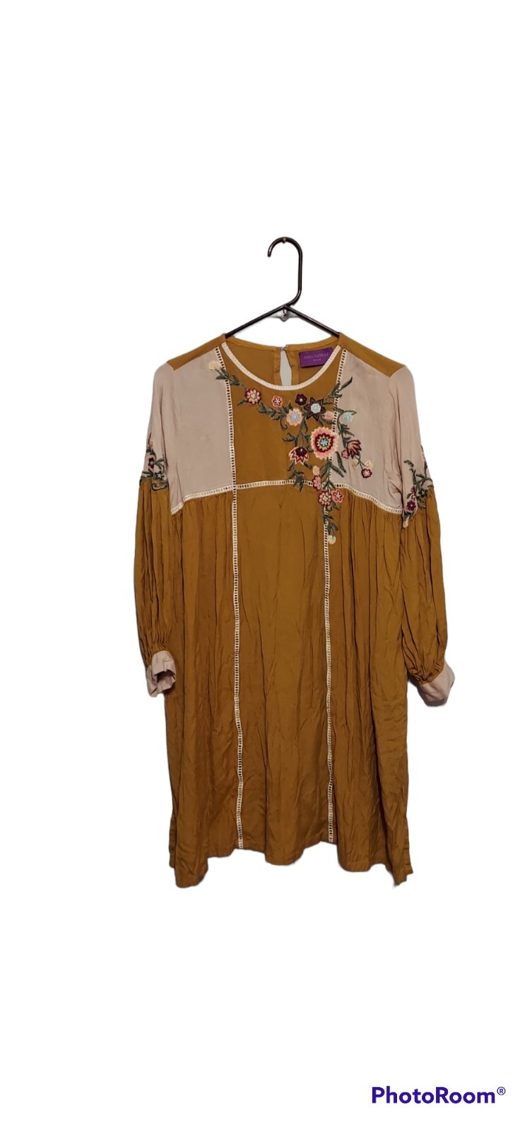 Boho Floral Embroidered Dress Med Yellow Peasant Festival Hippie Cottage Garden