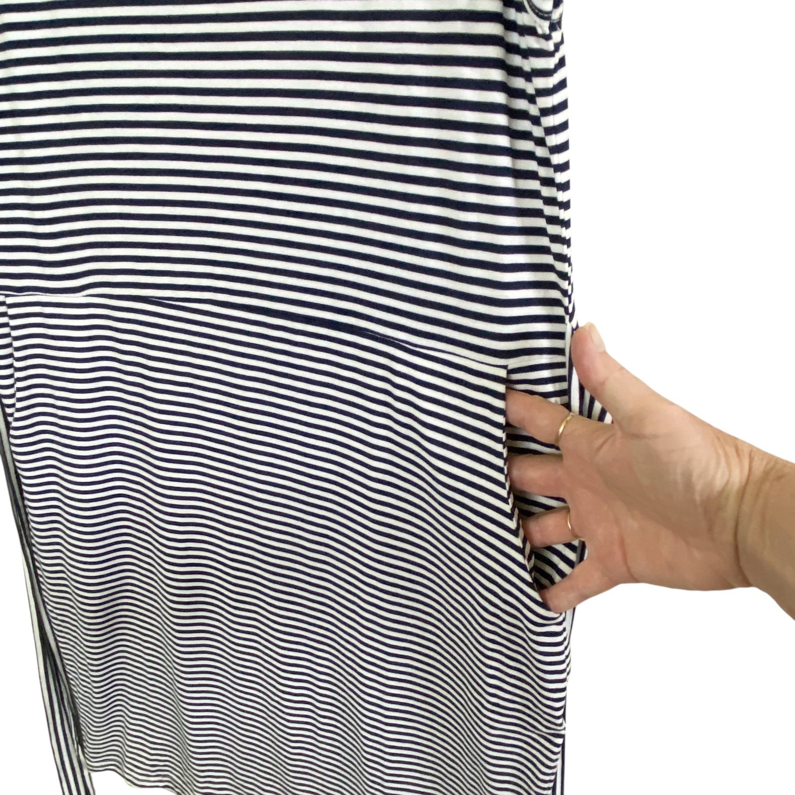 MEROKEETY Tee Shirt Dress Womens Medium Striped Pockets Tie Waist Blue&white