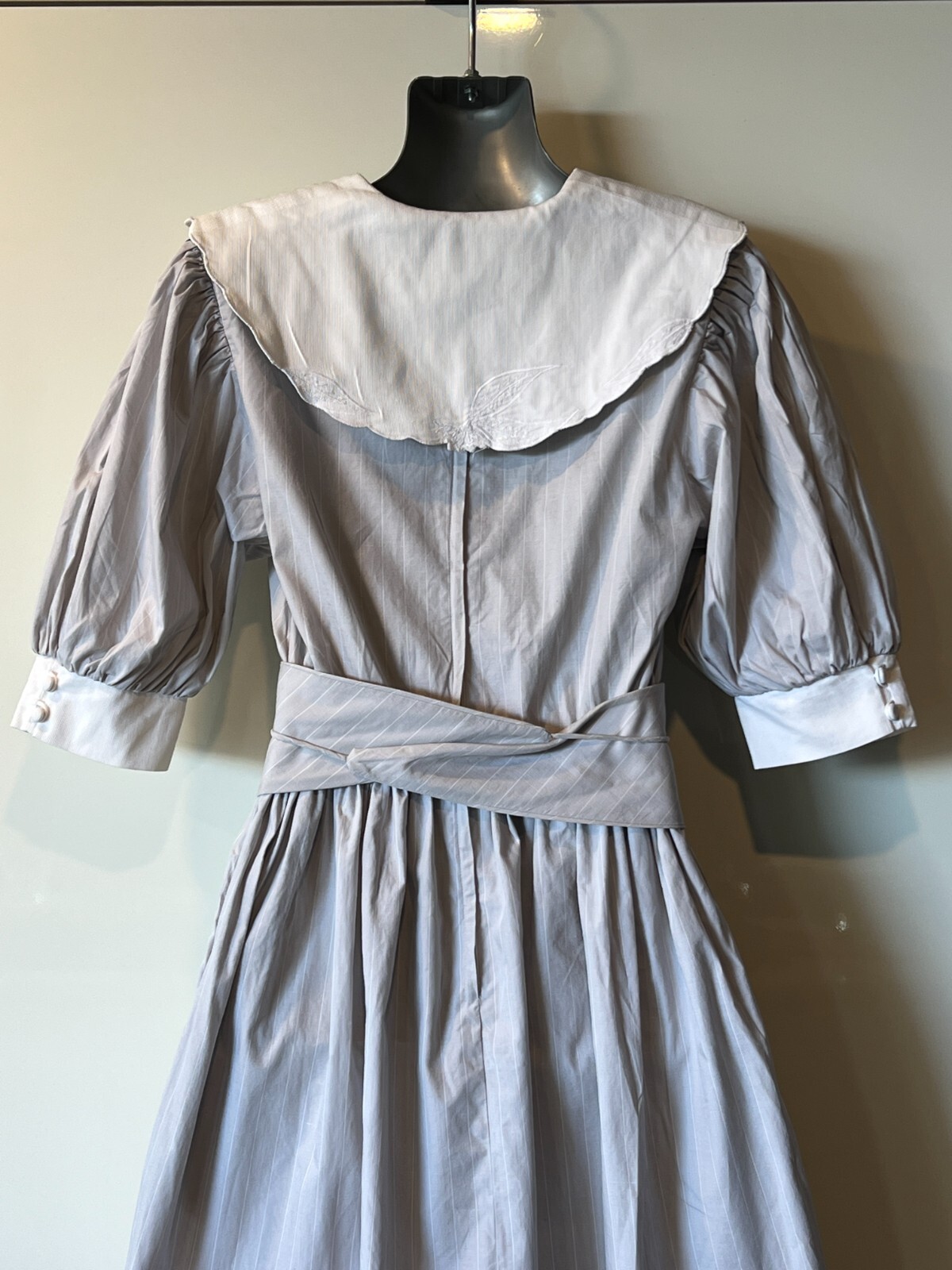 PRUE ACTON Vintage 70s Grey/White Stripe Collared, Cotton Dress 8-10AUS/4-6US