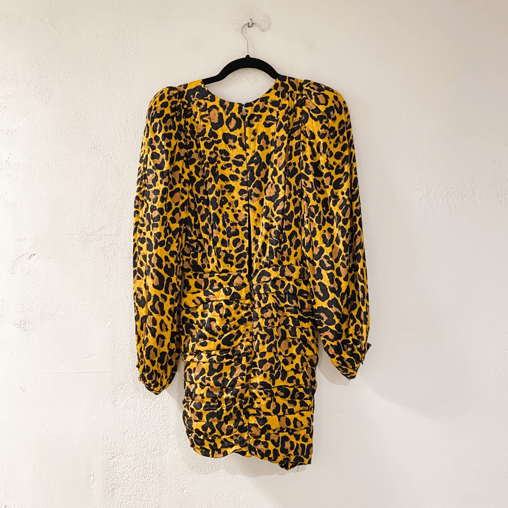 Ronny Kobo Giorgia Leopard Print Puff-Shoulder Faux Wrap Dress XS