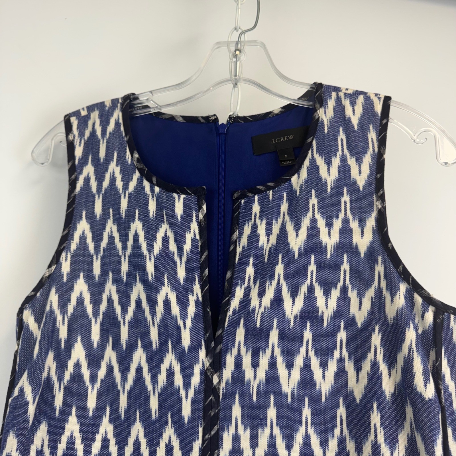 J.Crew Blue White Ikat Chevron Cotton Shift Dress Split Neck Womens 2 RN77388