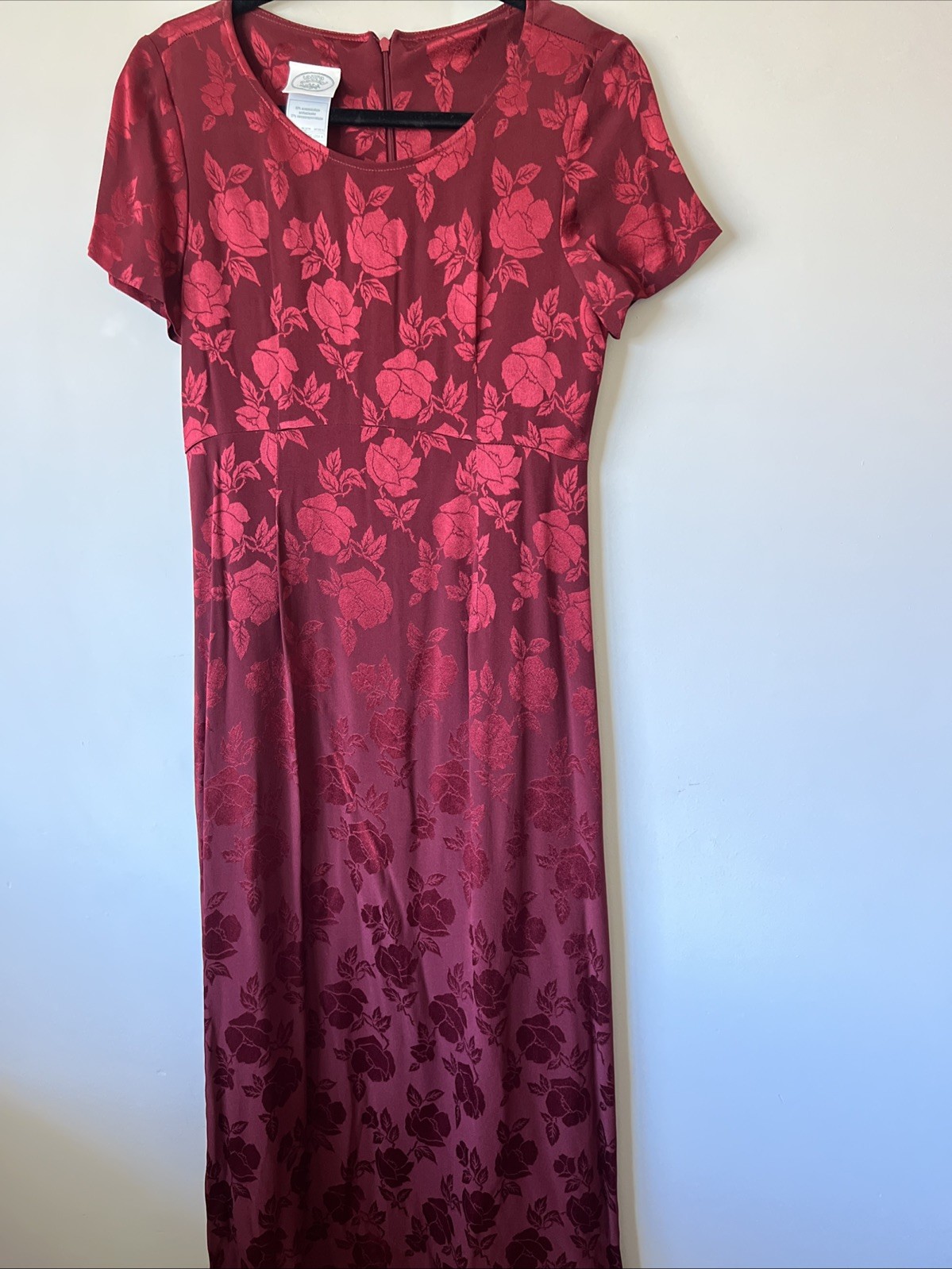 Laura Ashley Vintage Made in UK Crimson Satin Like Floral Midi Dress Size 6