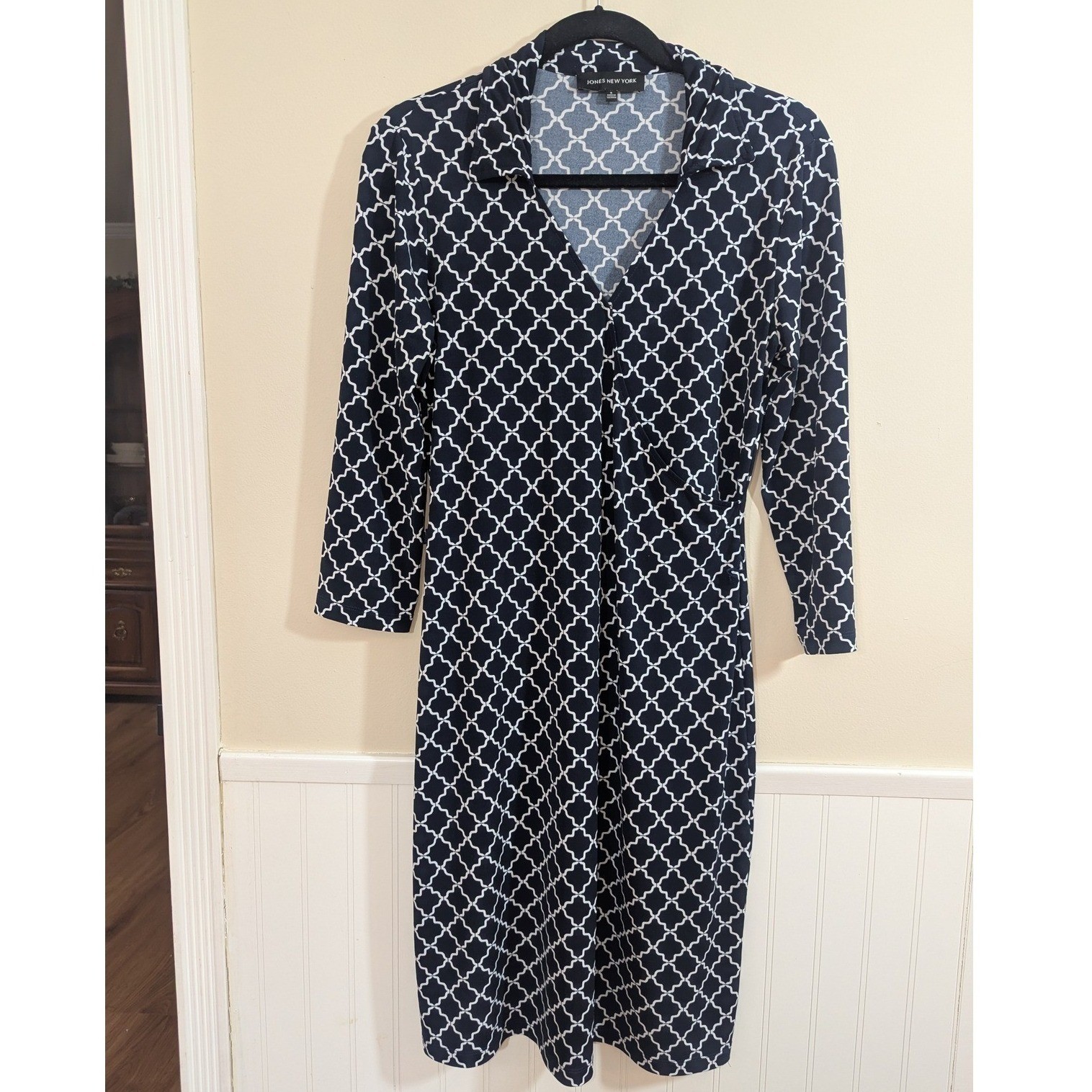 Jones New York Navy Blue White Geometric Faux Wrap Dress Small 3/4 Sleeve