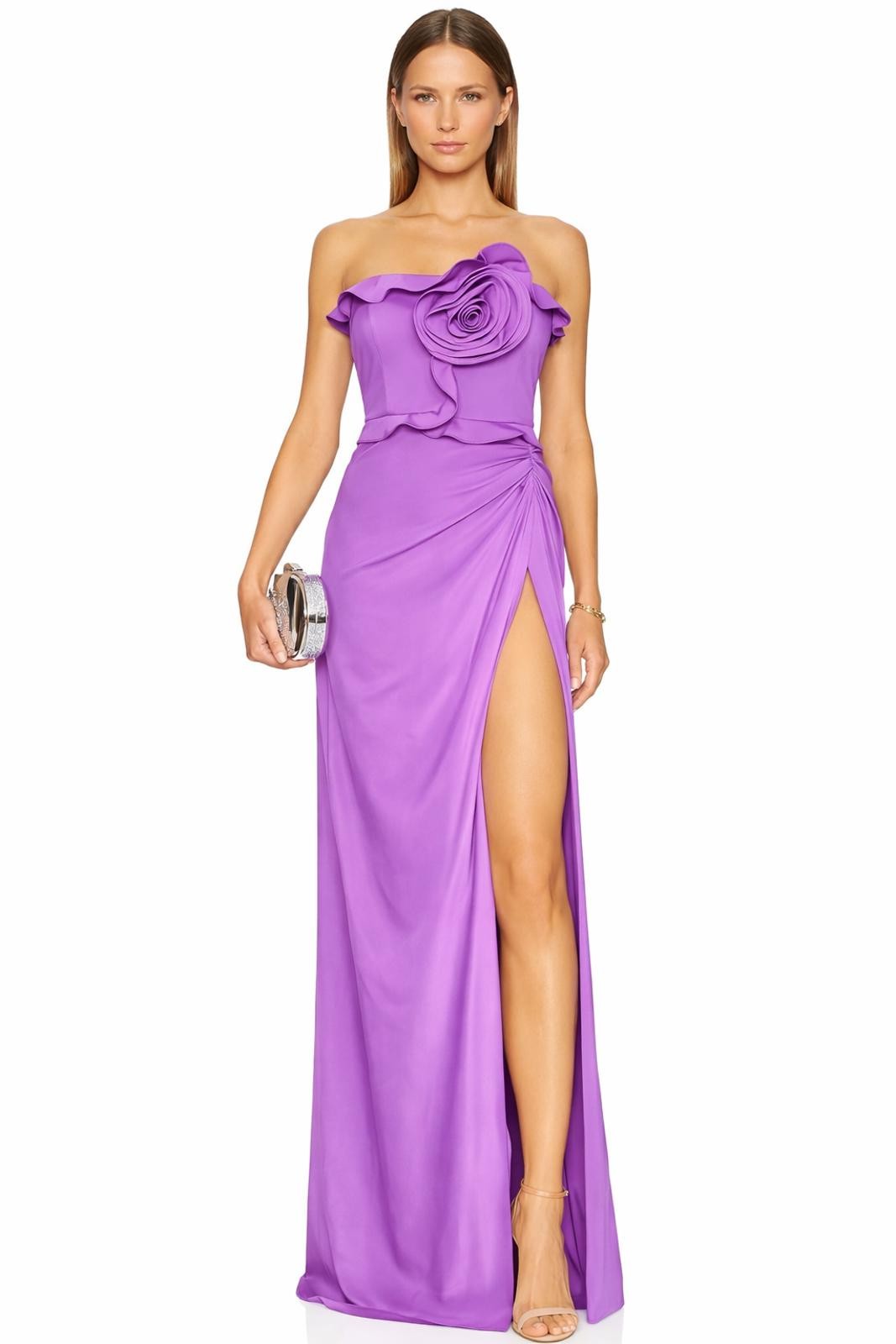 Liv Foster Strapless Gown Satin Flower Iris sz 6 High Slit Ruffle Rosette $650