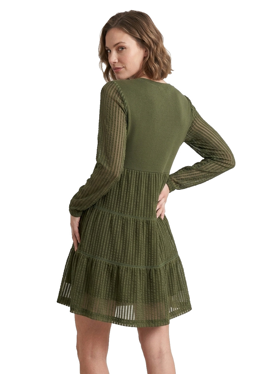 Olive Green | M | Polyester Elastane | Tiered Lace Mesh Sleeve Tunic Dress