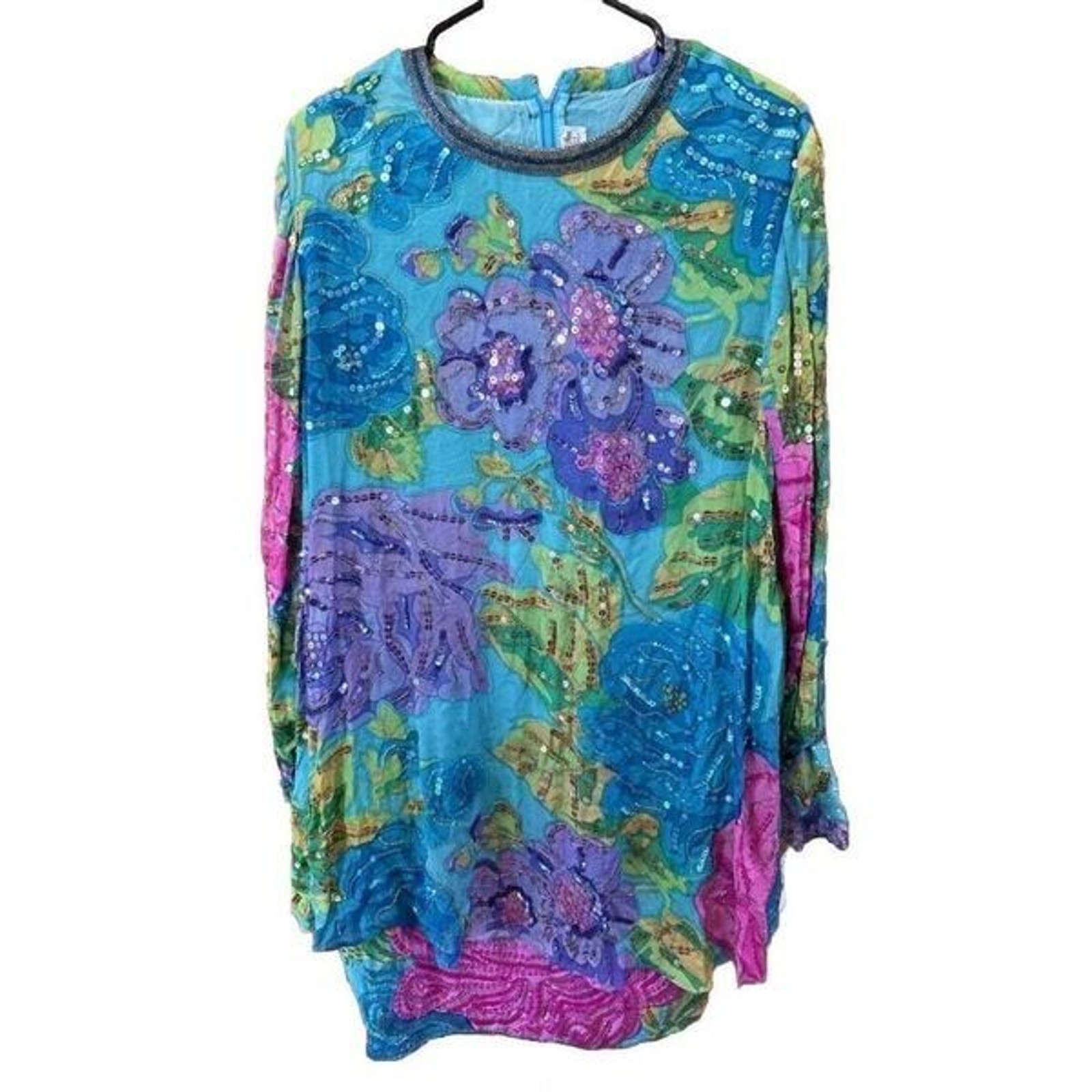 Judith Ann Creations Colorful Sequined Silk Blouson Dress M Vintage New Zip Hook