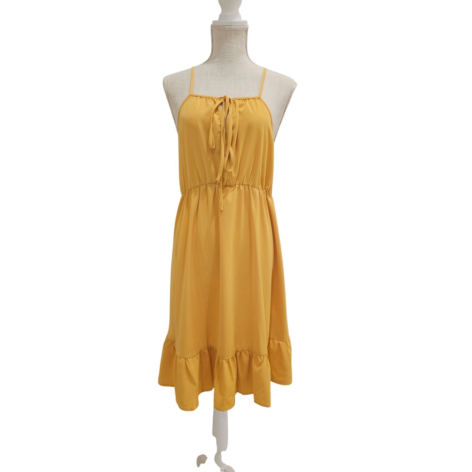 SHEIN Mustard Yellow Ruffle Hem Summer Dress XL Fits Large Tie Neck Sleeveless