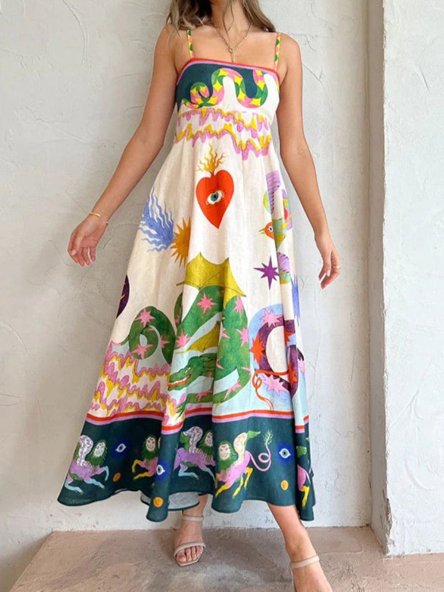 Spring Women’s New Style Elegant High Waist Printed Strap Casual Fashion Dress