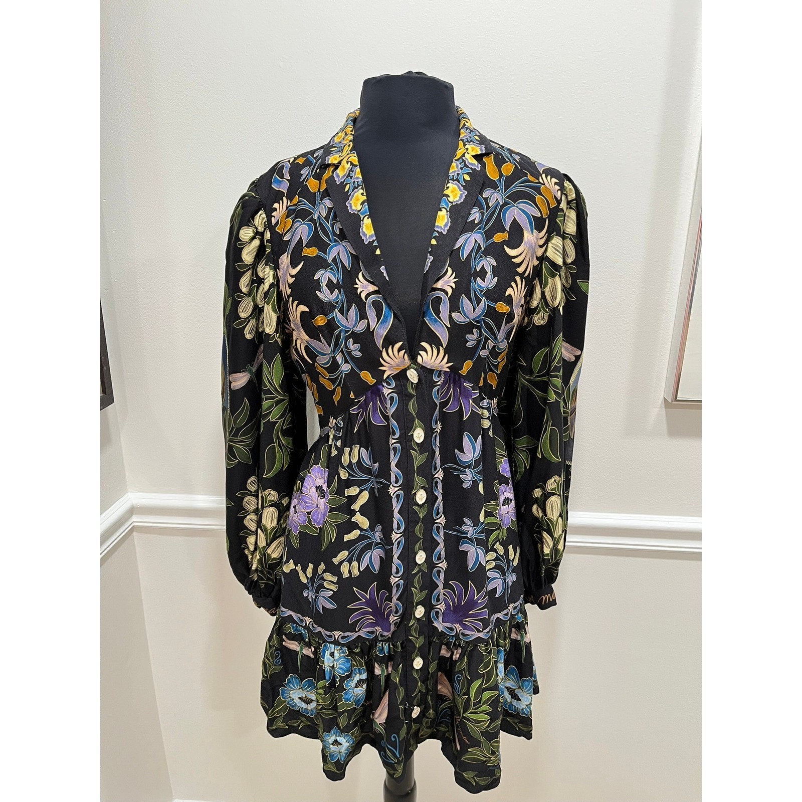 Farm Rio Black Botanical Bird Print Mini Dress Long Puff Sleeve Button Front S
