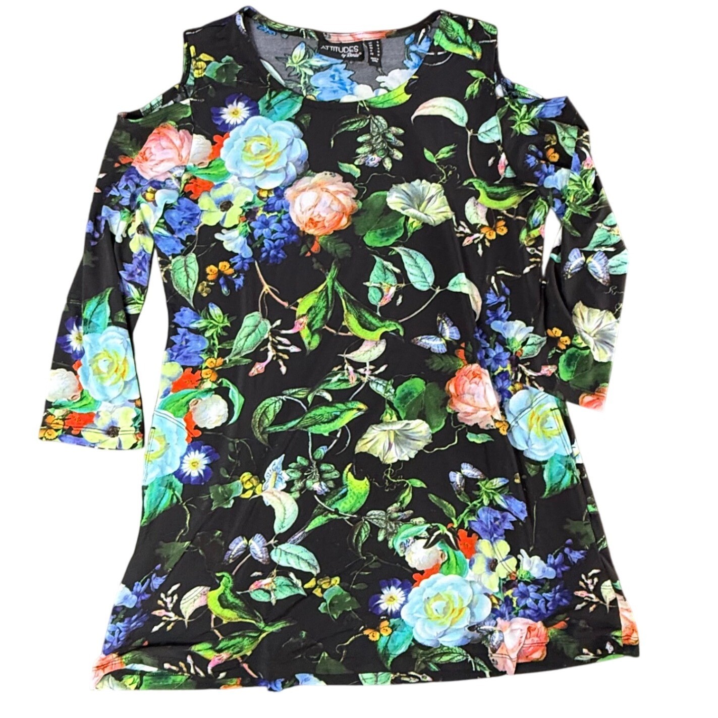 Birds Aviary Cold Shoulder Floral Print Tunic Black Multi Color Size S