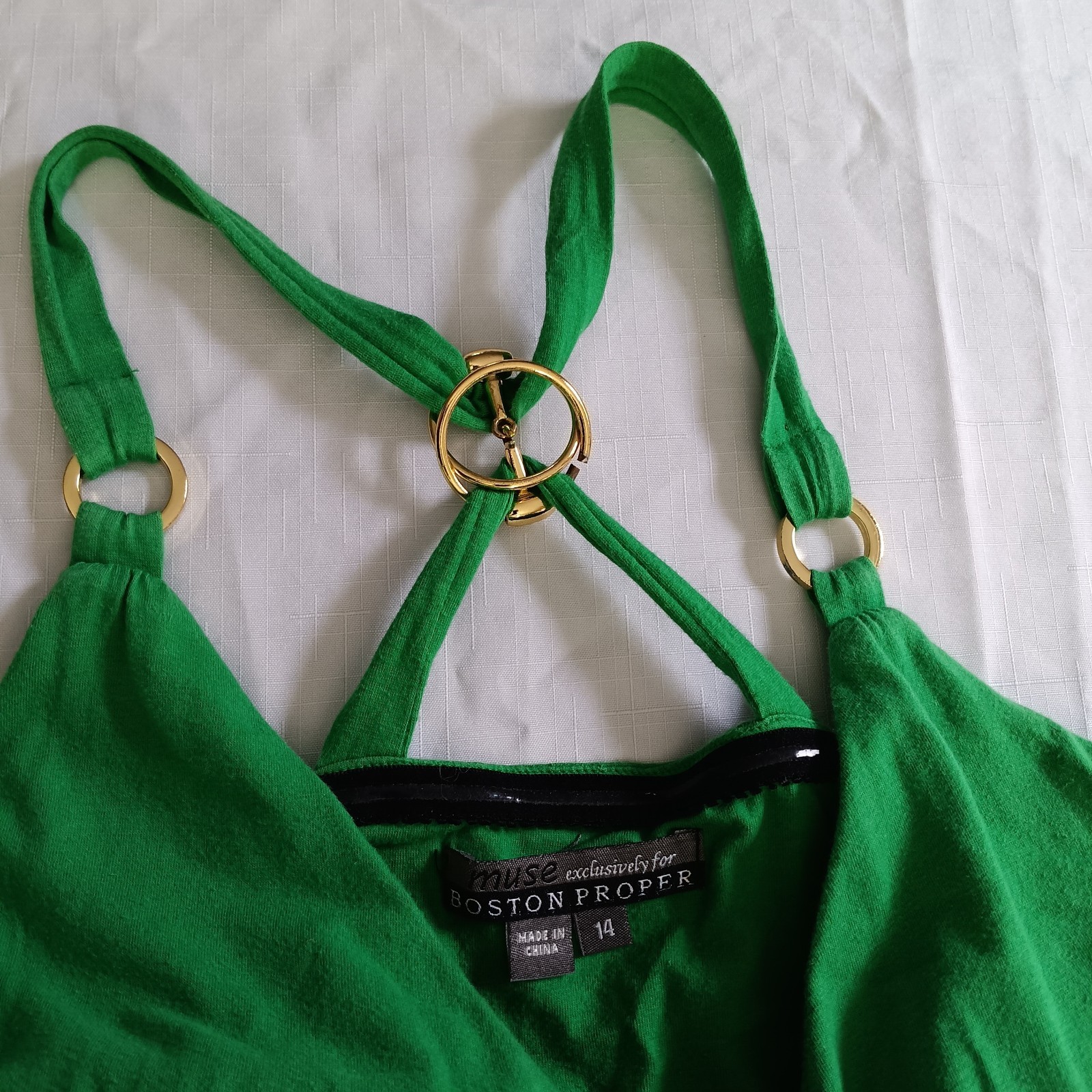 Boston Proper Green Halter Dress Womens 14 Built In Bra Ring Back Flowy