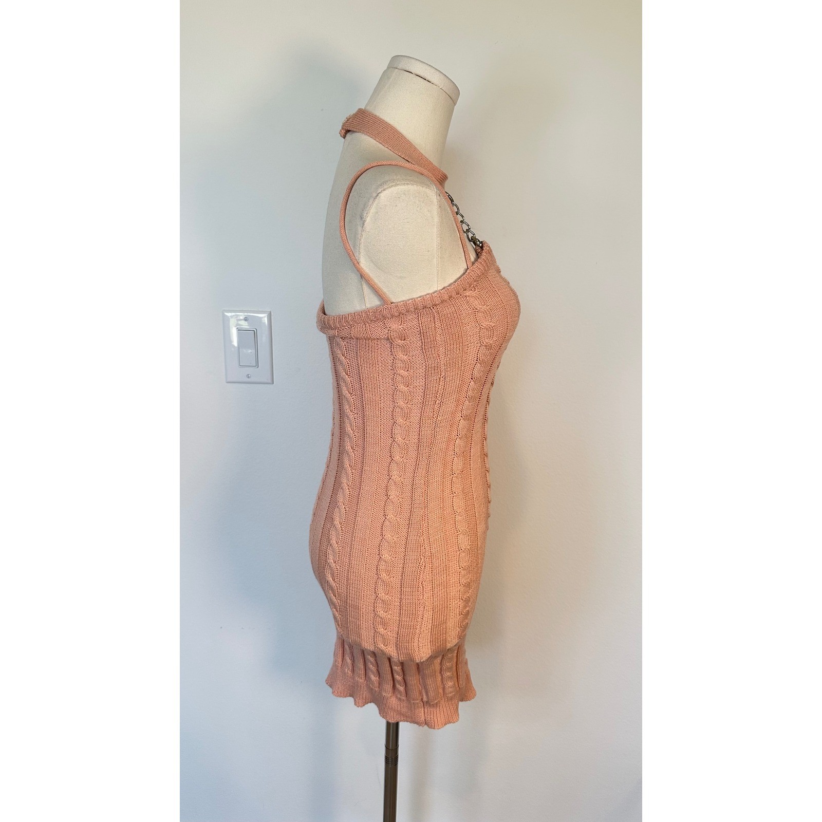 Loft Generale Y2K Pink Cable Knit Bodycon Mini Dress Chain Halter Cybercore Rare