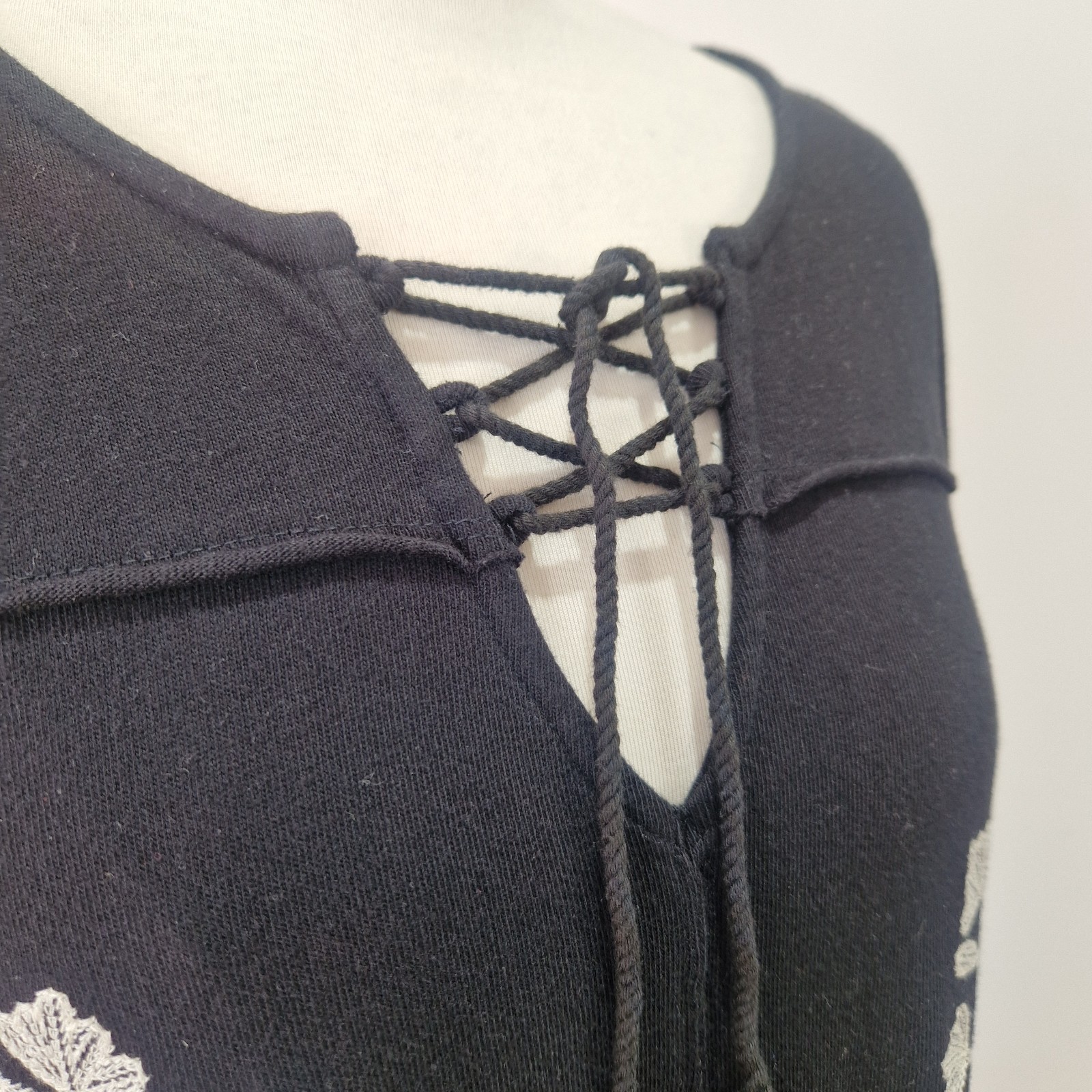 Free People Embroidered Mini Dress Black White Short Sleeve S 10 12 Casual Party
