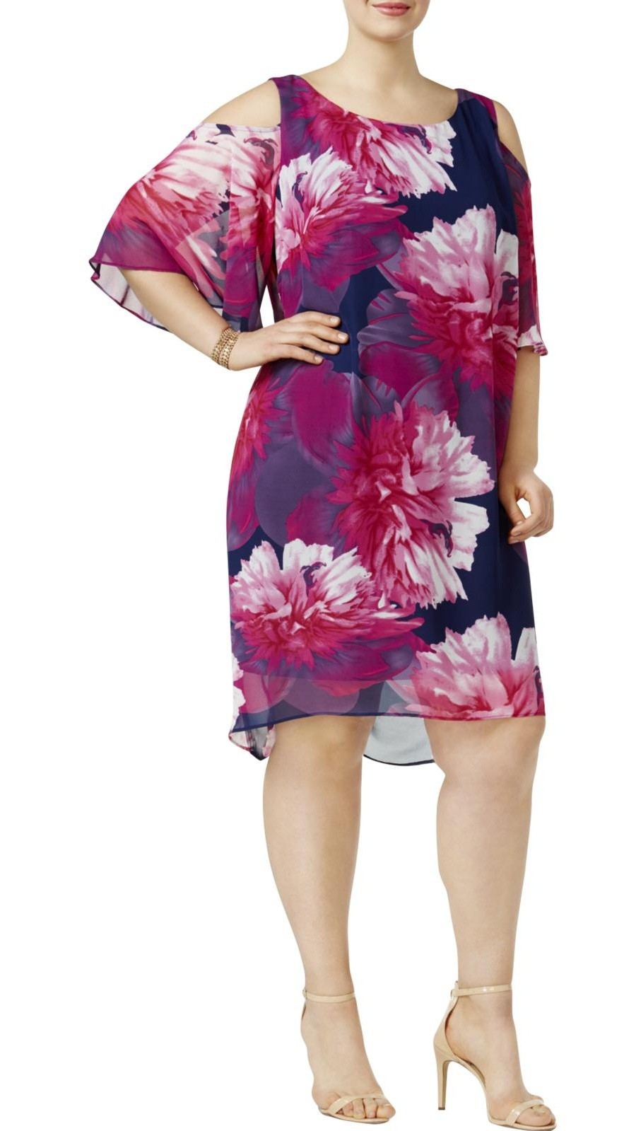 Connected Apparel Fuschia Floral Print Cold Shoulder Chiffon Dress 20W