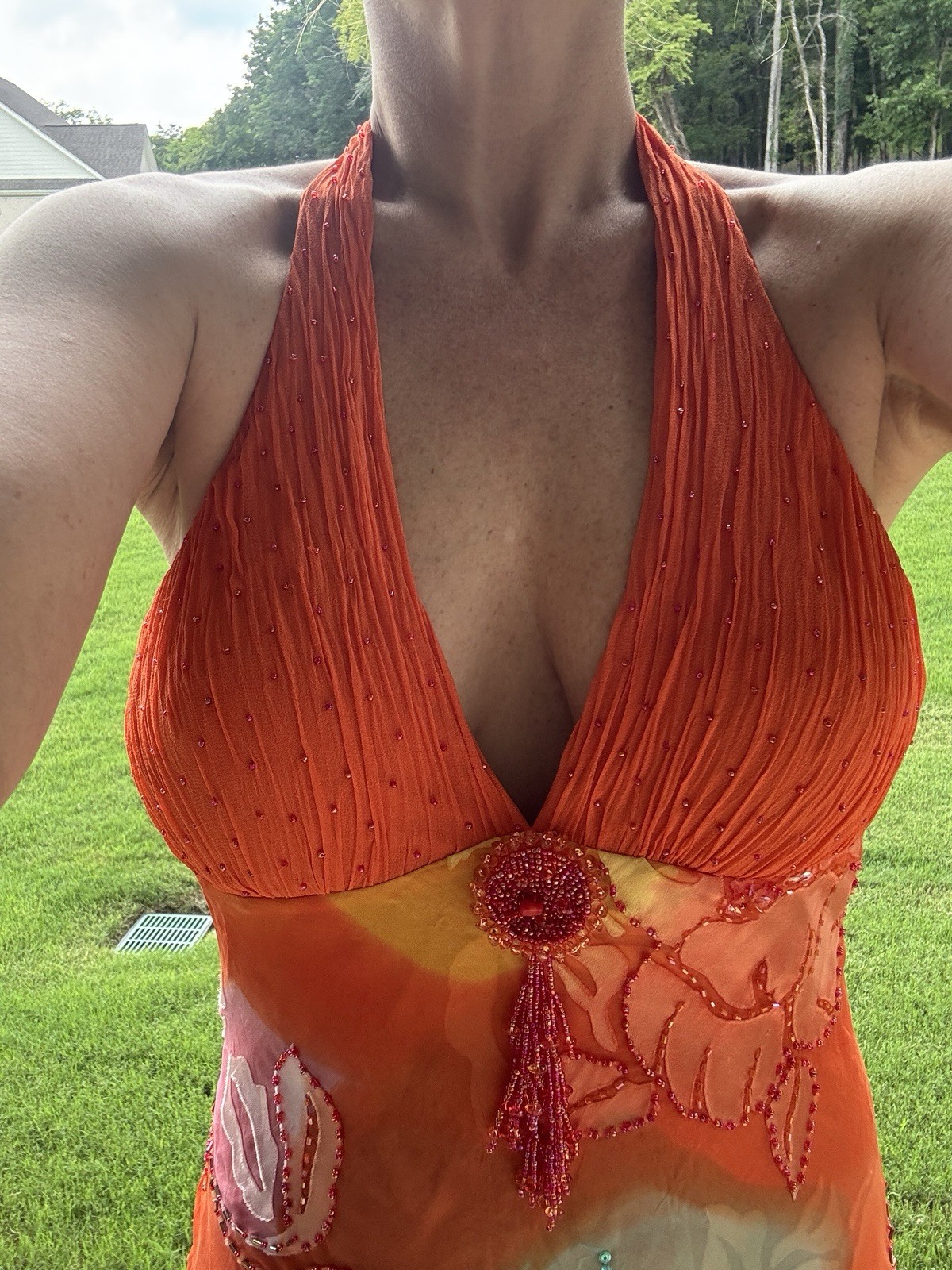 Sue Wong Silk Chiffon Orange Floral Beaded Halter Backless Long Gown 6