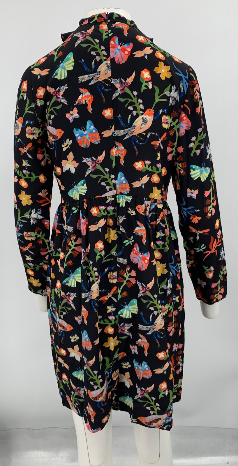 Cacharel Black Multi-Color Floral Print Silk Ruffle Front A-line Dress sz 38