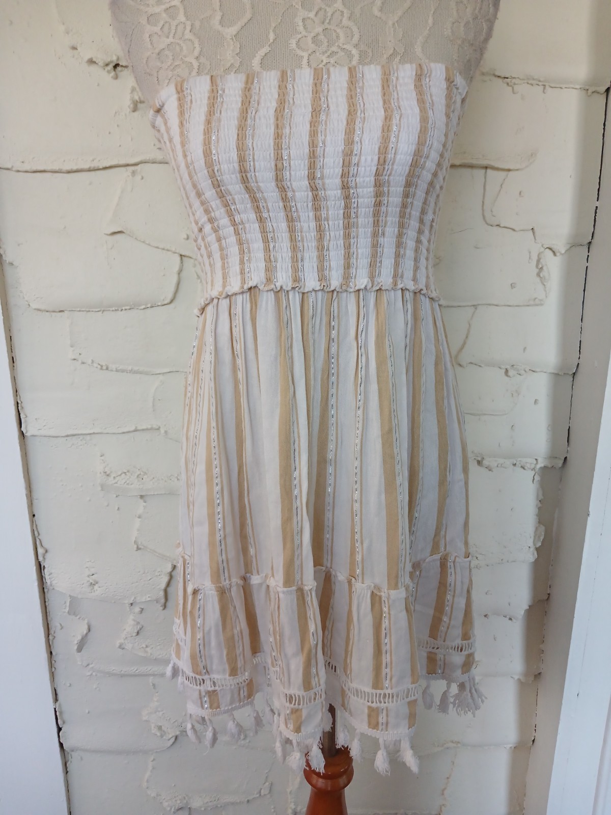 Blue Island Stripe Ruffle Smoked Strapless Boho Mini Dress Size M Fringe Festive
