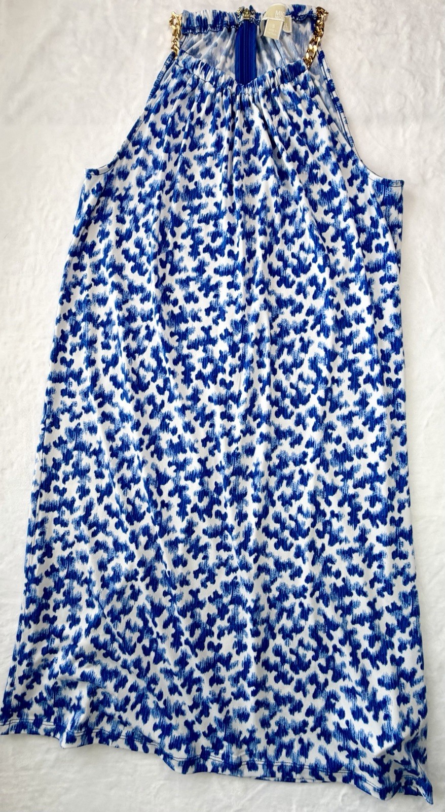 NWT MICHAEL Michael Kors Gold Chain Neck Halter Dress Twilight Blue Abstract S