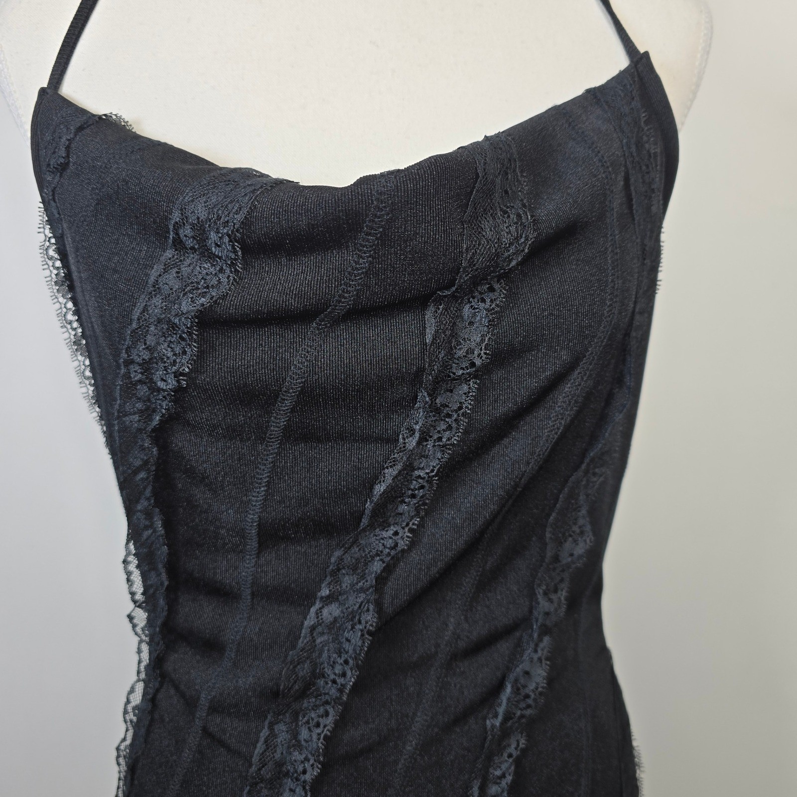 SHEIN Black Halter Mini Dress Lace Trim Ruffle Hem Cowl Neck Goth Y2K Size 6 M
