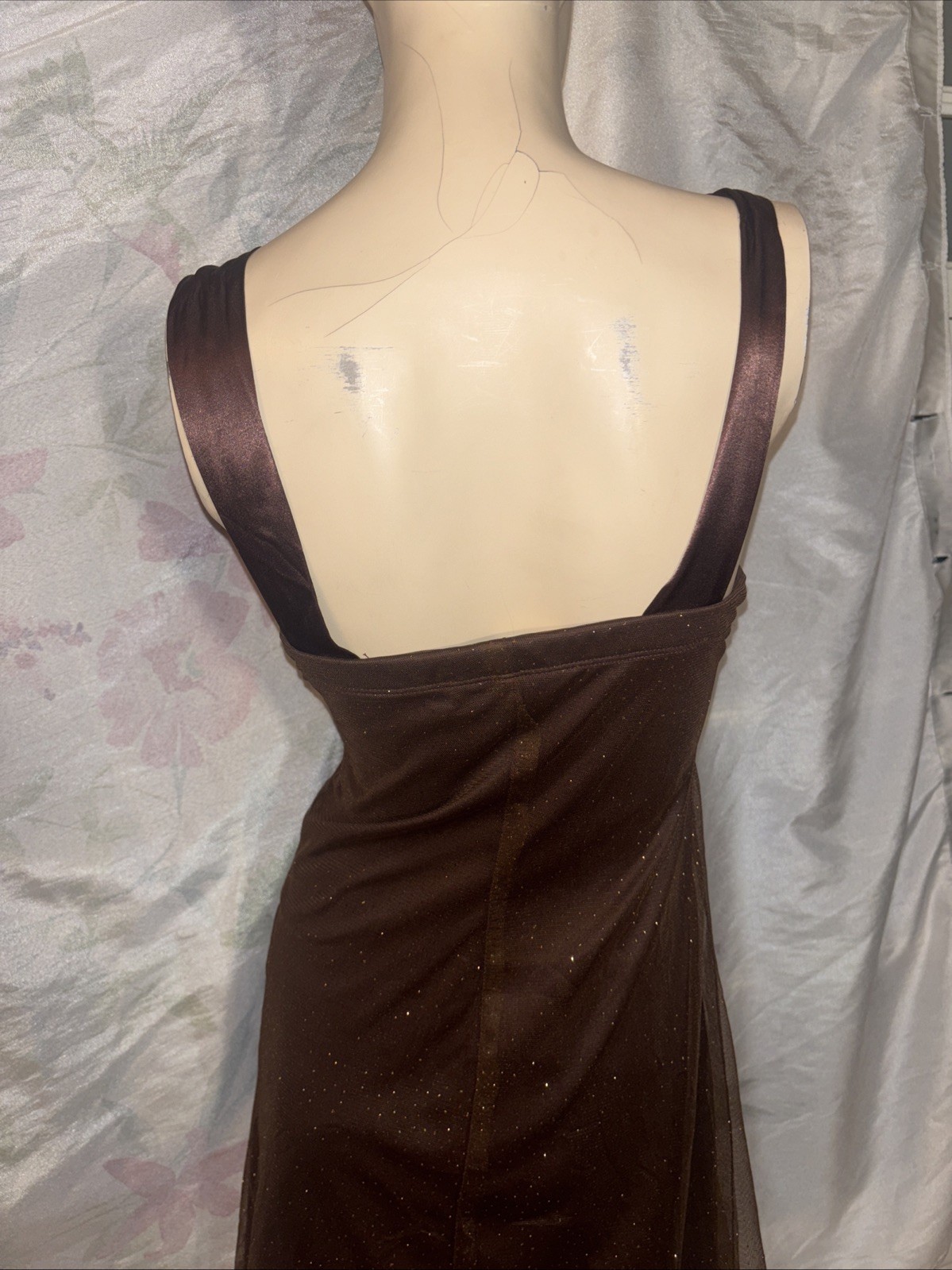 SPEECHLESS,brown tulle,tiny silver dots,satin bow,z5,S,pleats,shirred,New,UNIQUE
