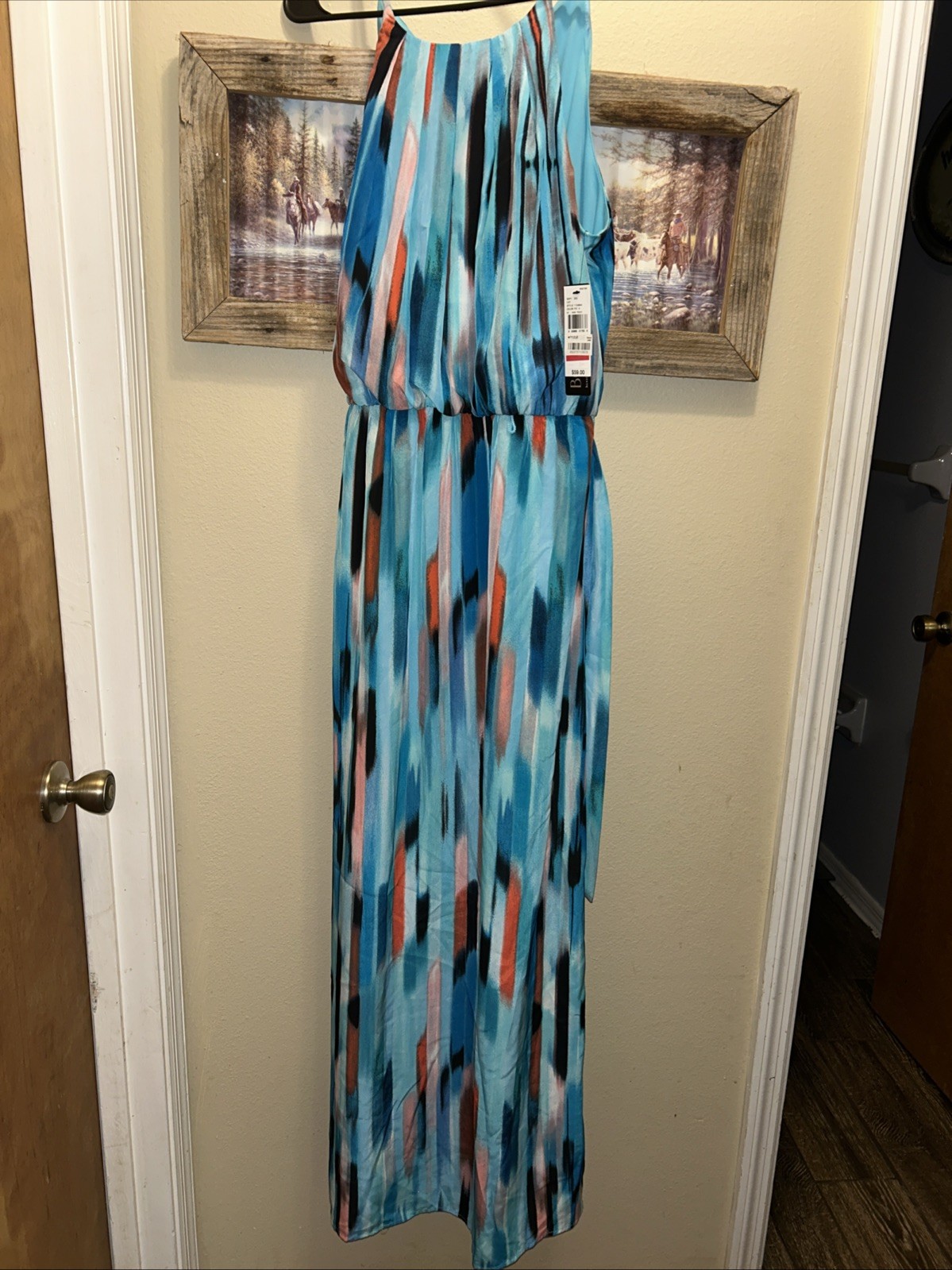 BCX Halter Neckline Maxi Dress Multicolor Belted Waist Sleeveless Size Large